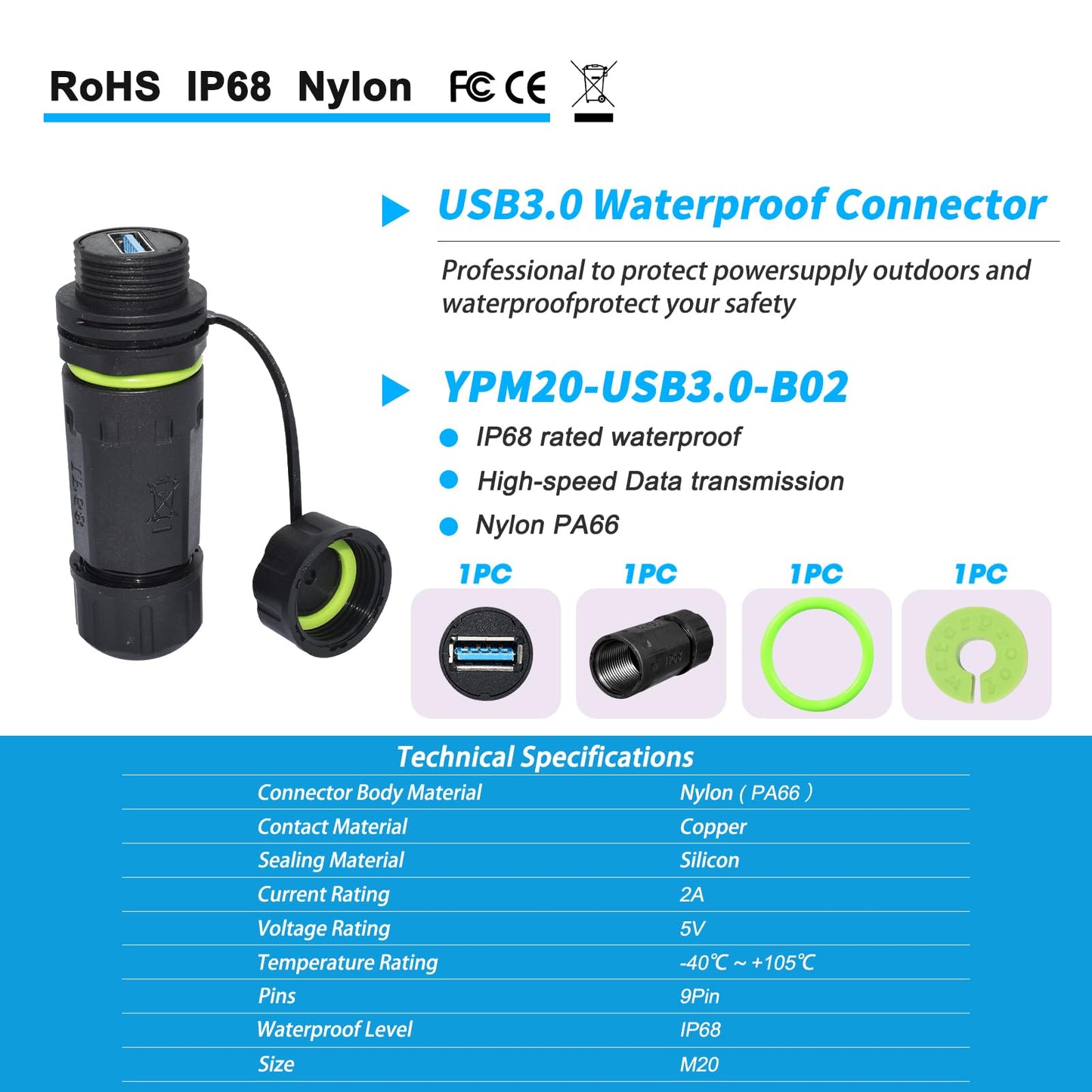 ELifeApply Waterproof Panel USB Connector with Shield, Waterproof IP68 USB 3.0 Panel Mount Connector, Female to Female, with Shield Extension Adapter