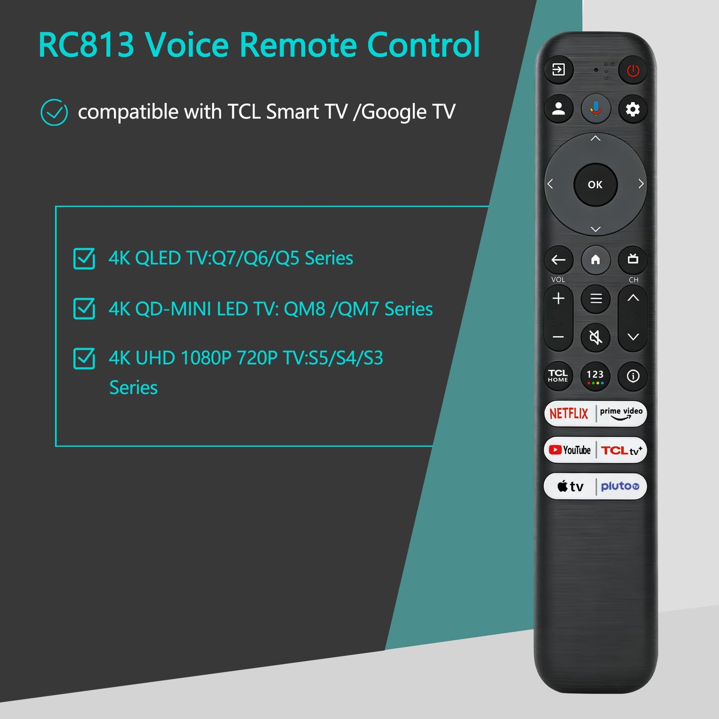RC813 Remote Control Compatible with TCL Google TV LED QLED 4K UHD Smart TVs Replacement S4 S5 Q6 QM7 Series, 40ft Range, Netflix Shortcut Large