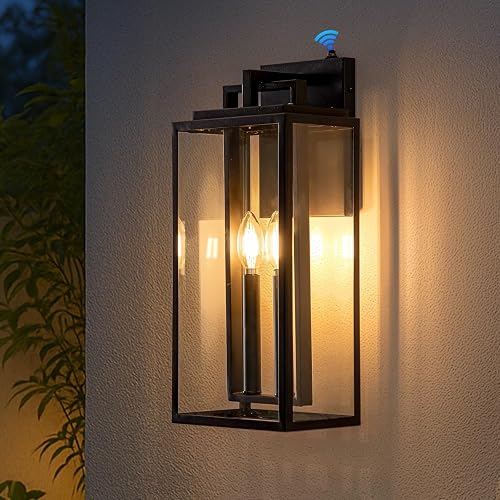 SAYTOP Dusk to Dawn Outdoor Wall Sconce Waterproof Wall Lantern 2-Lights, 20" Large Outside Modern Wall Mount Light, Exterior Matte Black Porch Light
