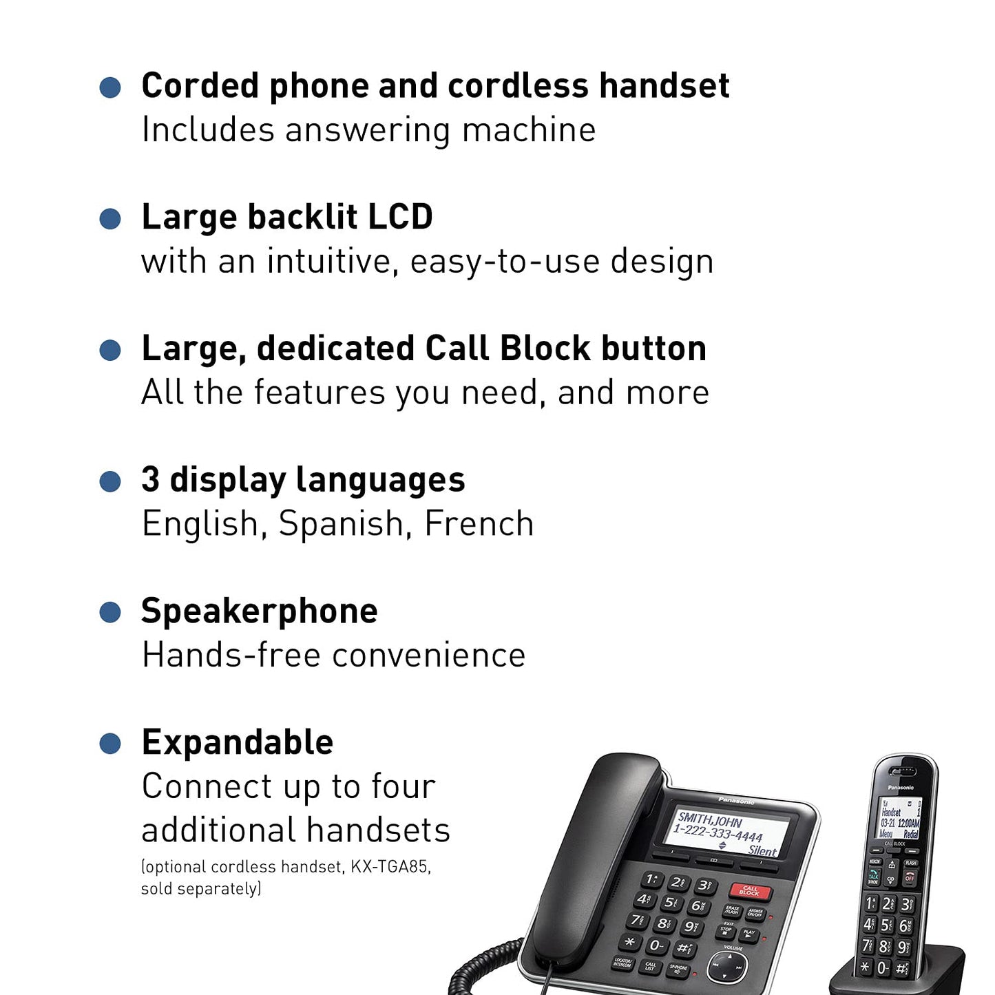 Panasonic Expandable Corded/Cordless Phone System with Answering Machine and One Touch Call Blocking - 1 Handset - KX-TGB850B (Black)