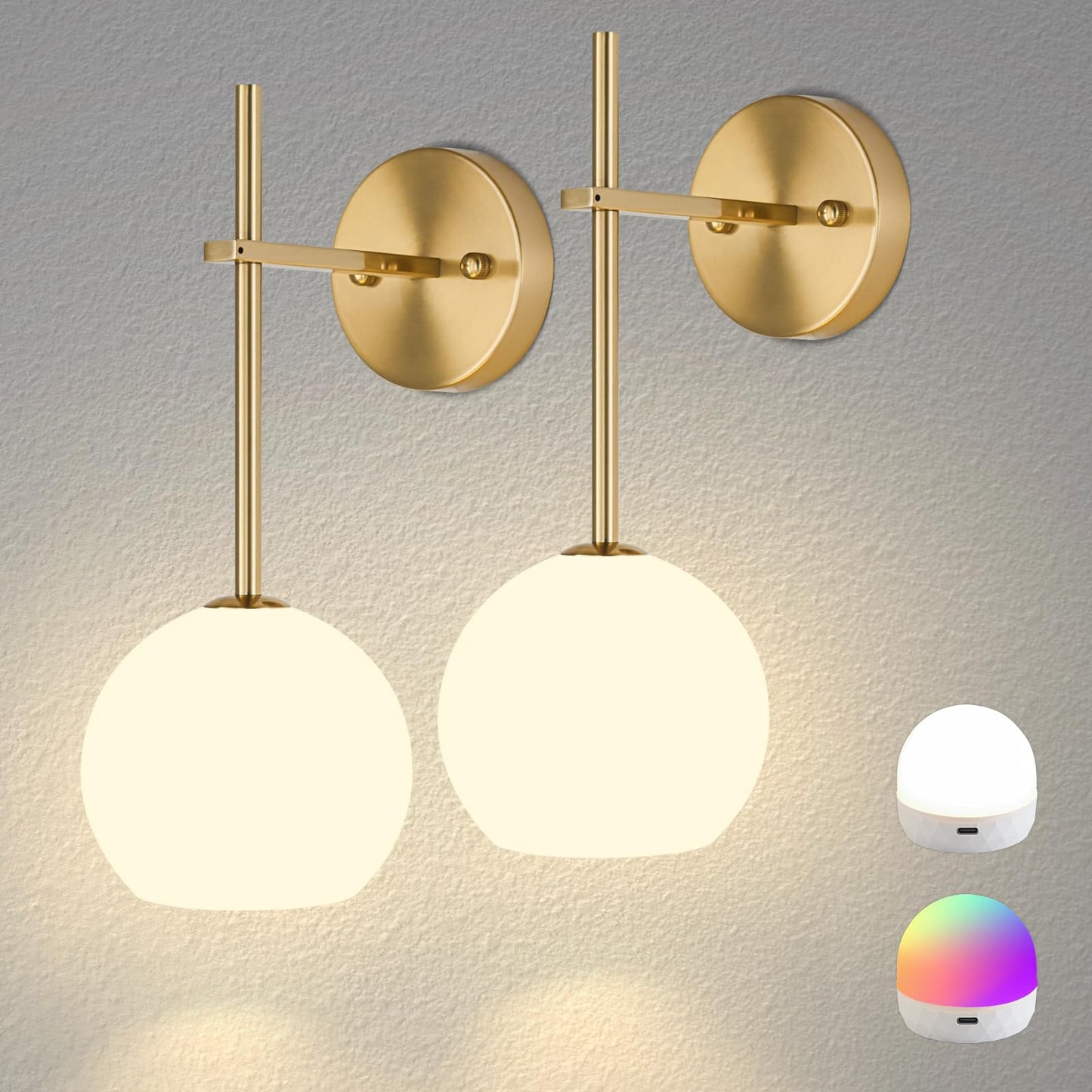 Gold Battery Operated Wall Sconces Set of 2, Rechargeable Wireless Wall Lights with Milky White Frosted Glass Shade, 12 RGB and 3CCT Dimmable, Wall