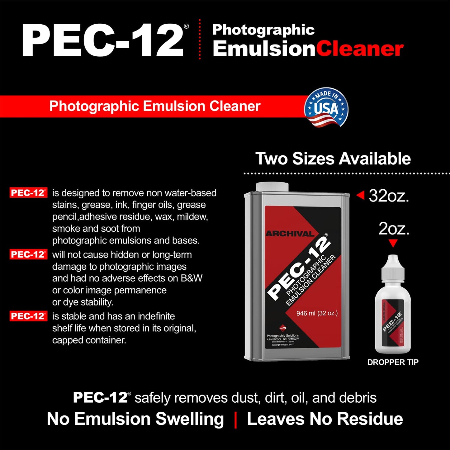 PEC-12 Photographic Emulsion Cleaner Kit and PEC-PAD Lint Free Non-Abrasive Wipes 4"x4" 100 Sheets per/Pkg - for Cleaning Film, Photo Negative, B&W