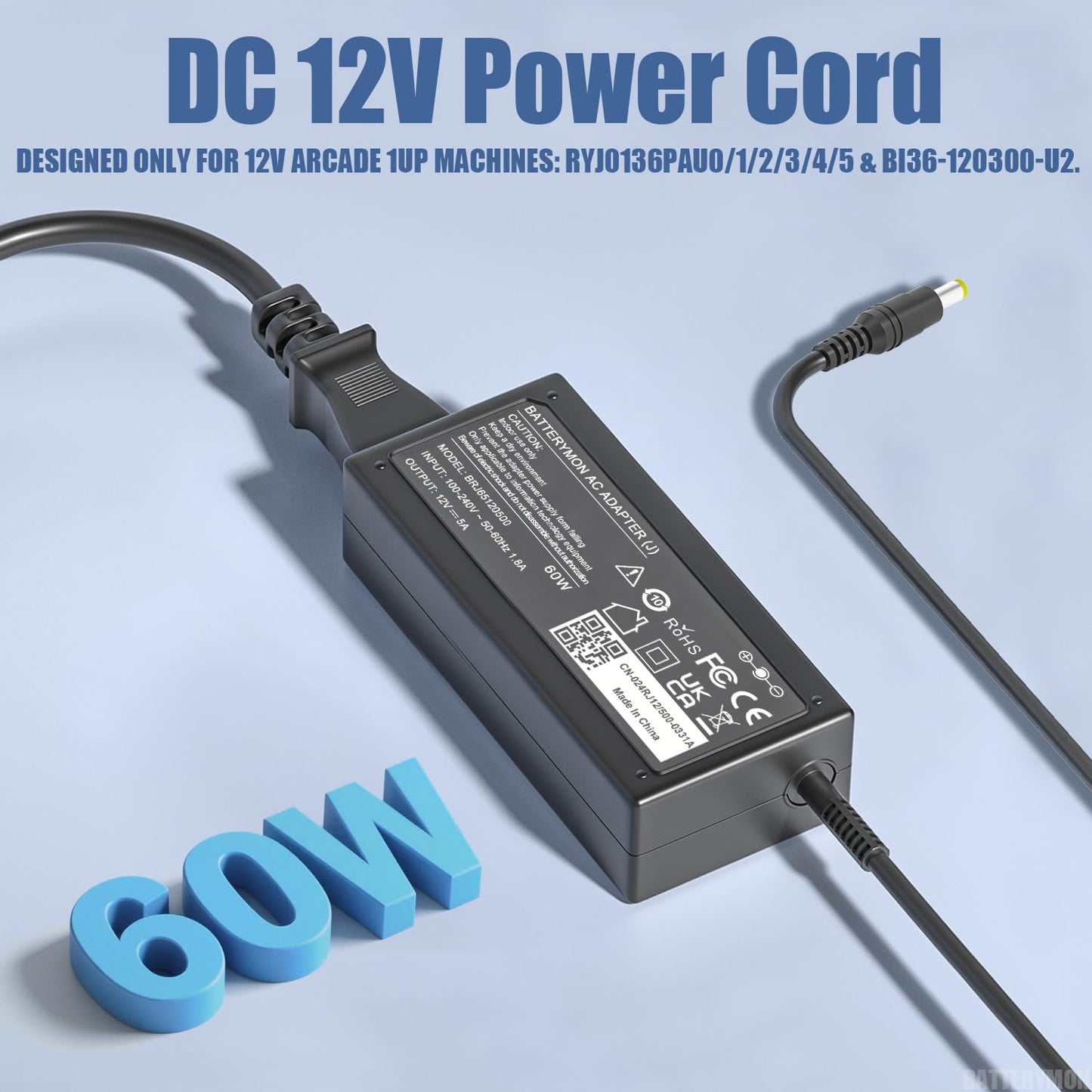 Charger Only Compatible with 12V Arcade1Up Power Cord BI36-120300-U2, 12-Volt Arcade 1Up Game Machine with Riser Cocktail Table…