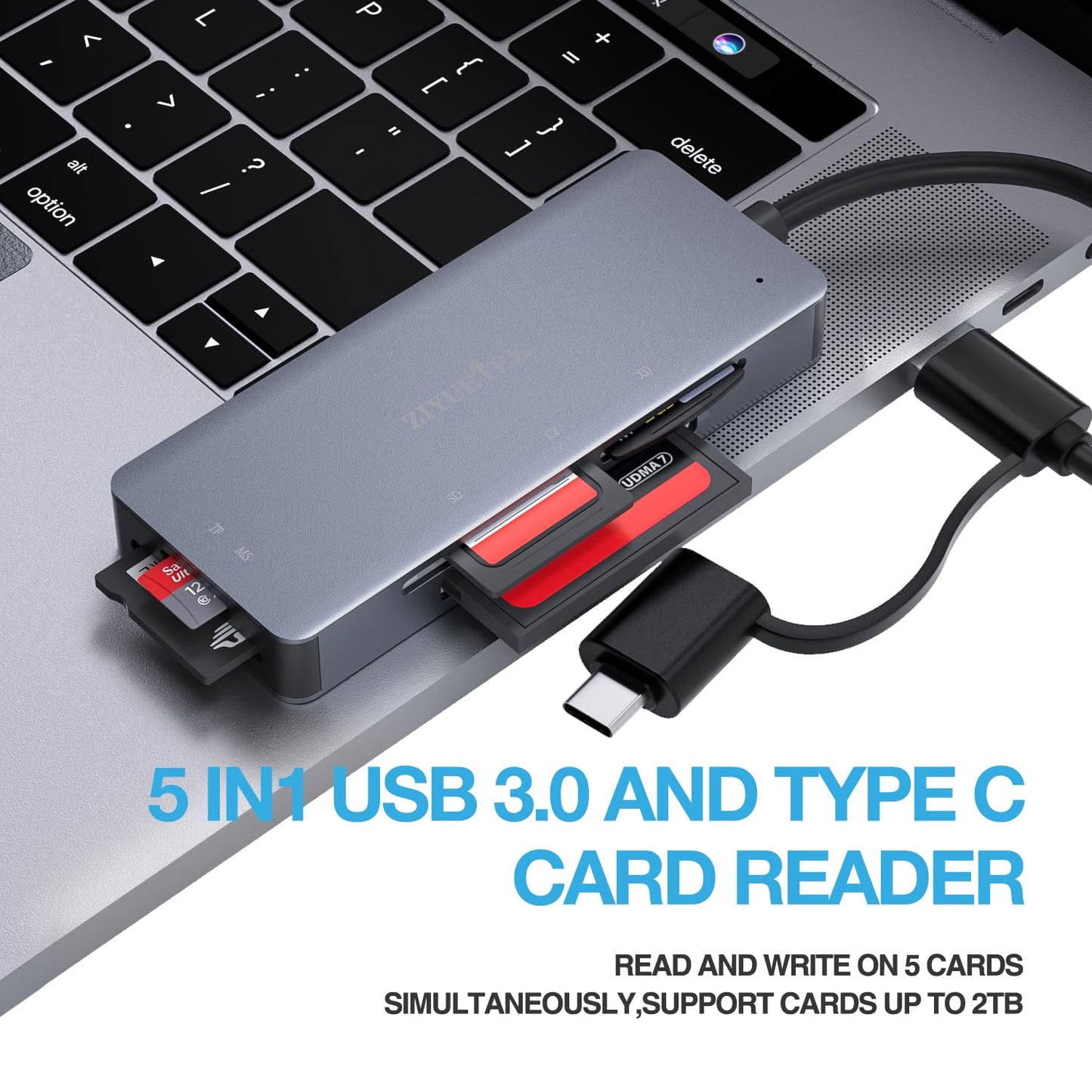 SD Card Reader, Aluminum 5in1 USB USB-C to SD Micro SD MS CF XD Card Reader Adapter Compatible with iPhone 15/16/Pro/Max, MacBook Pro/Air 2023, iPad