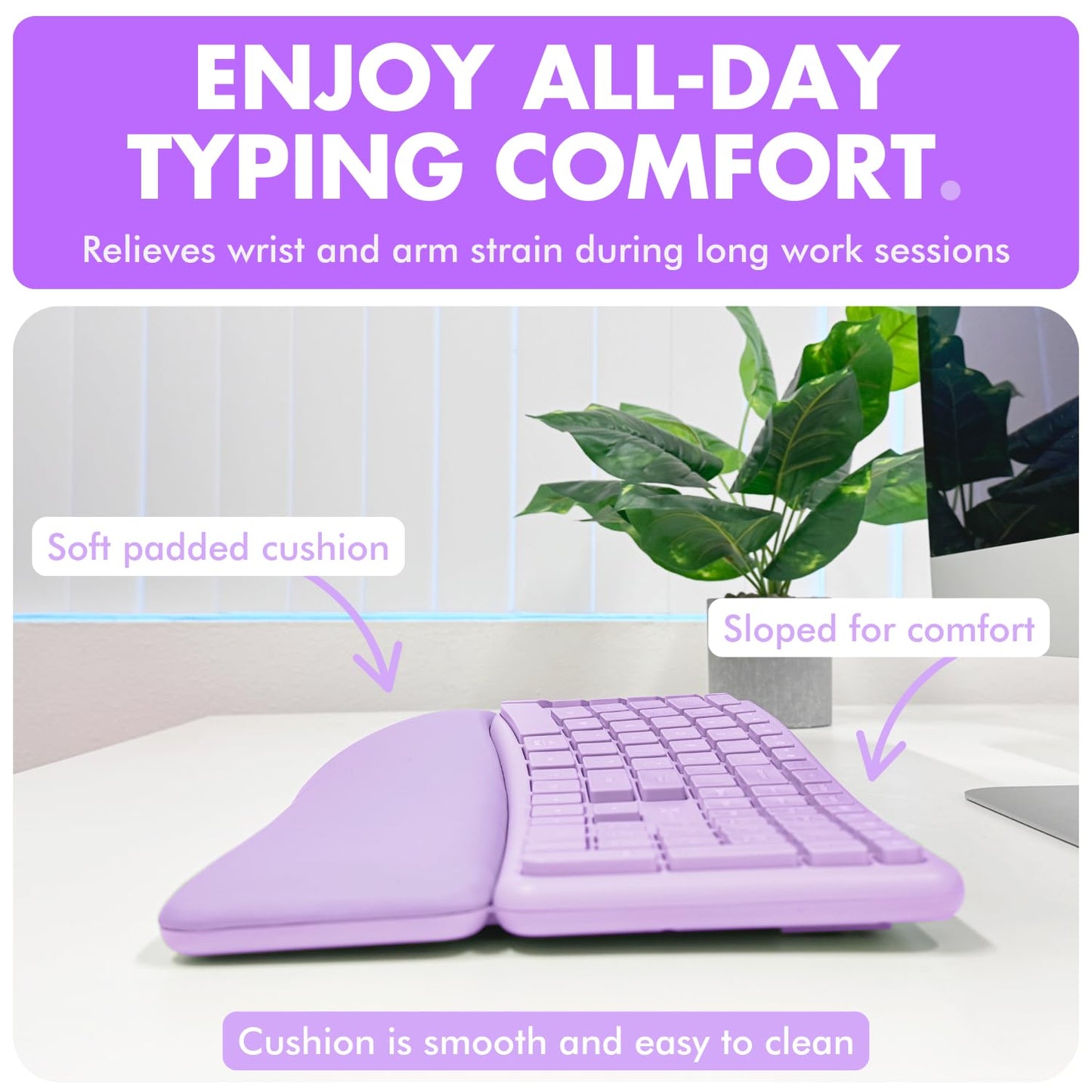 X9 Ergonomic Keyboard and Mouse Wireless Combo - Purple Keyboard and Mouse Wireless, Bluetooth/2.4G Split, Wrist Rest, Rechargeable, Silent Ergo Keys