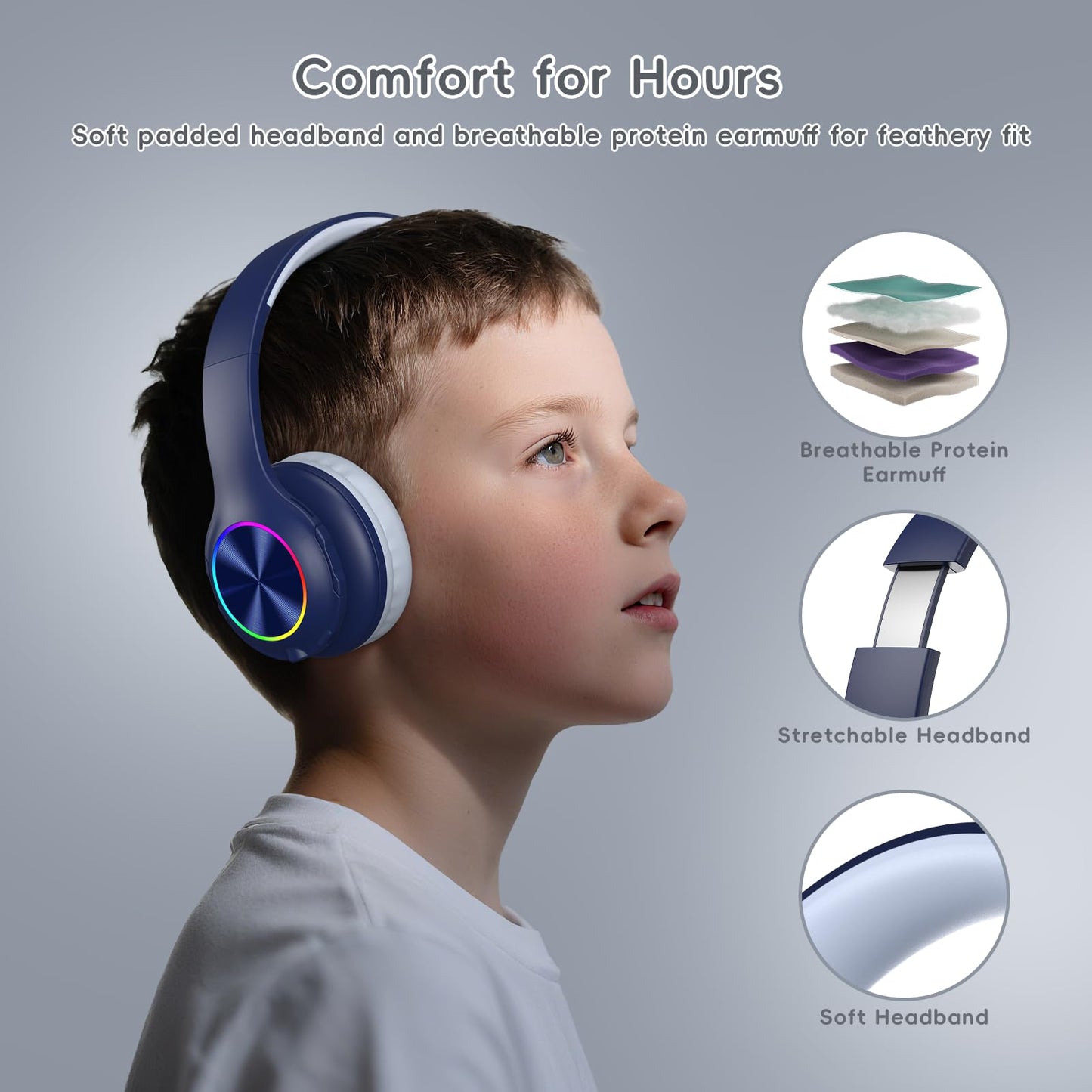 Candy Bila Kids Bluetooth 6.0 Headphones with LED Light, 85Hours Playtimes, Type-C Fast Charging, 85/94dB Volume Limited, Comfort Wireless Headphones…