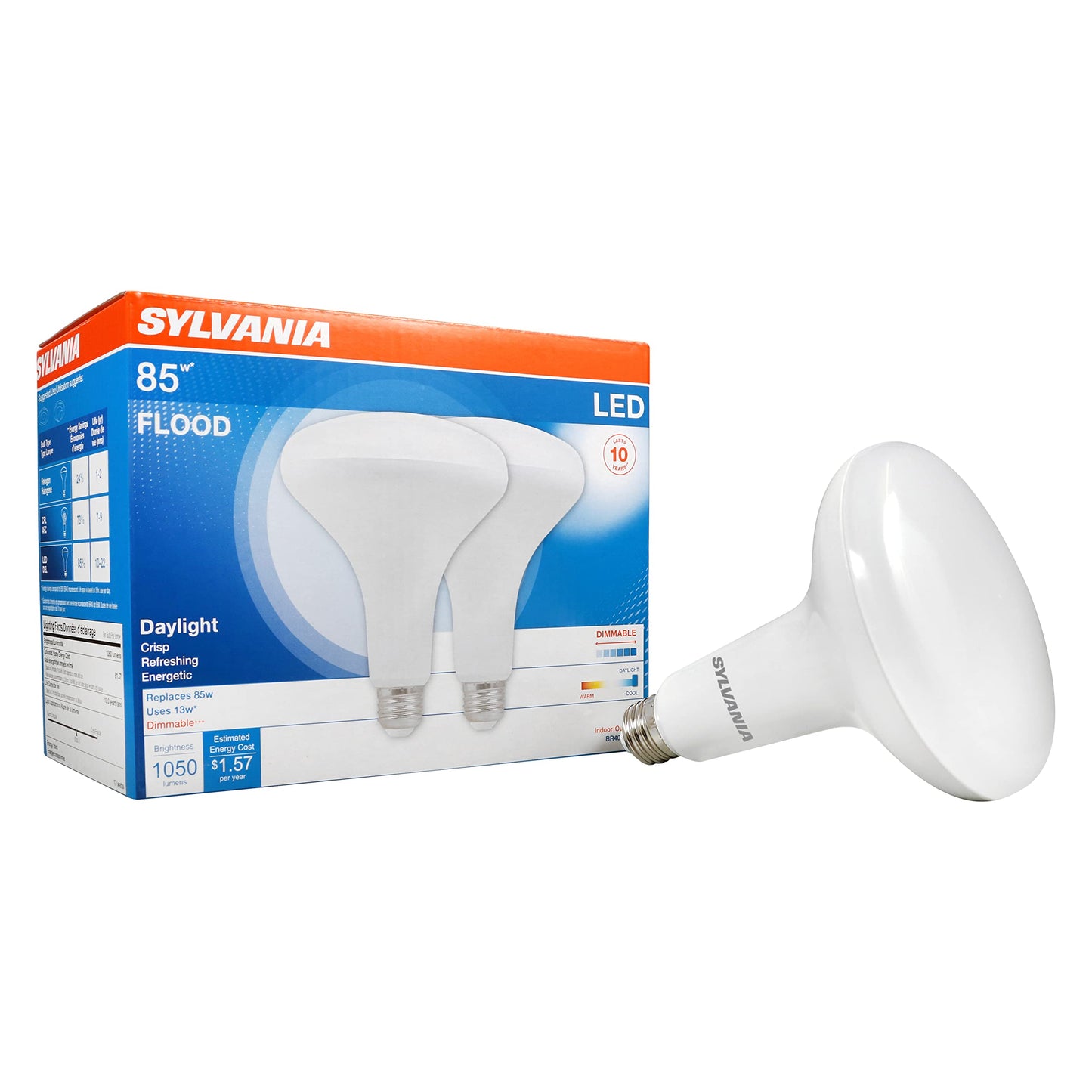 Sylvania BR40 LED Flood Light Bulb, 85W = 13W, 10 Year, Dimmable, Frosted Finish, 1050 Lumens, 5000K, Daylight - 2 Pack (79624)