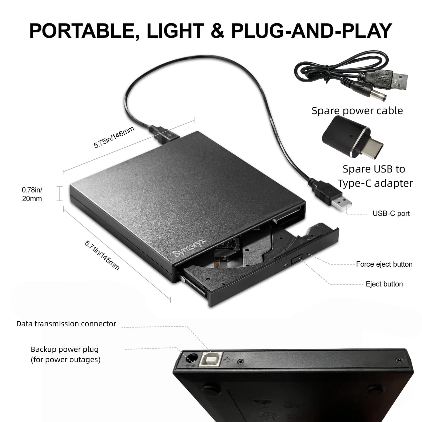 Synteryx External CD DVD Drive USB and Type-C, Portable Slim CD/DVD +/-RW Burner Reader Writer Player for Laptop Desktop PC Mac Windows Linux OS Apple