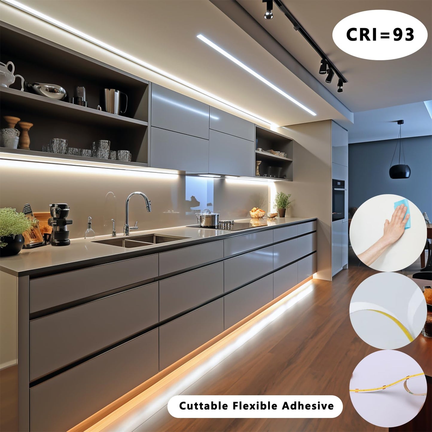 BENLUN 12V COB LED Under Cabinet Strip Lighting Kit 32.8ft, 4000K Natural White Cuttable LED Tape Lights 8W/M CRI 93 320LEDs/M with Dimmer and Power