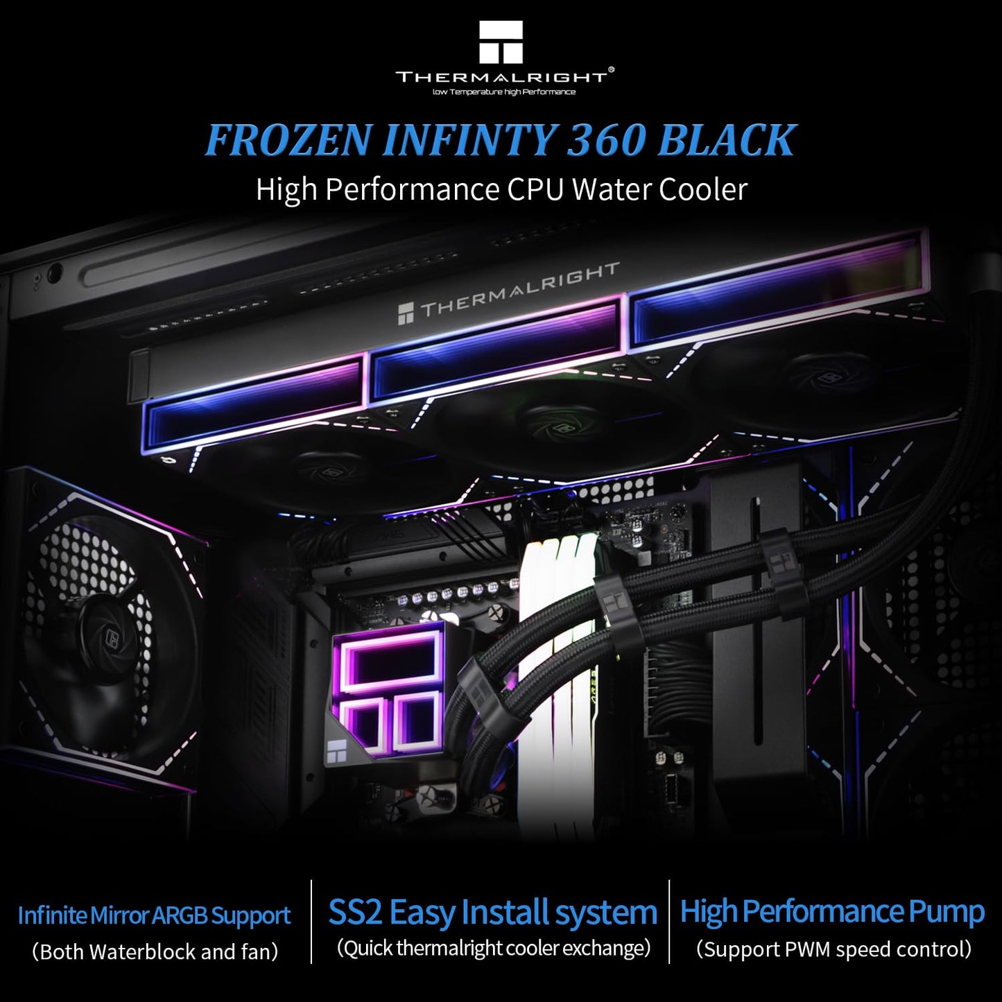 Thermalright Frozen Infinity 360 Black Liquid CPU Cooler,Triple PWM Fans with 2000RPM,Desktop CPU Aio Cooler,for AM4/AM5&Intel
