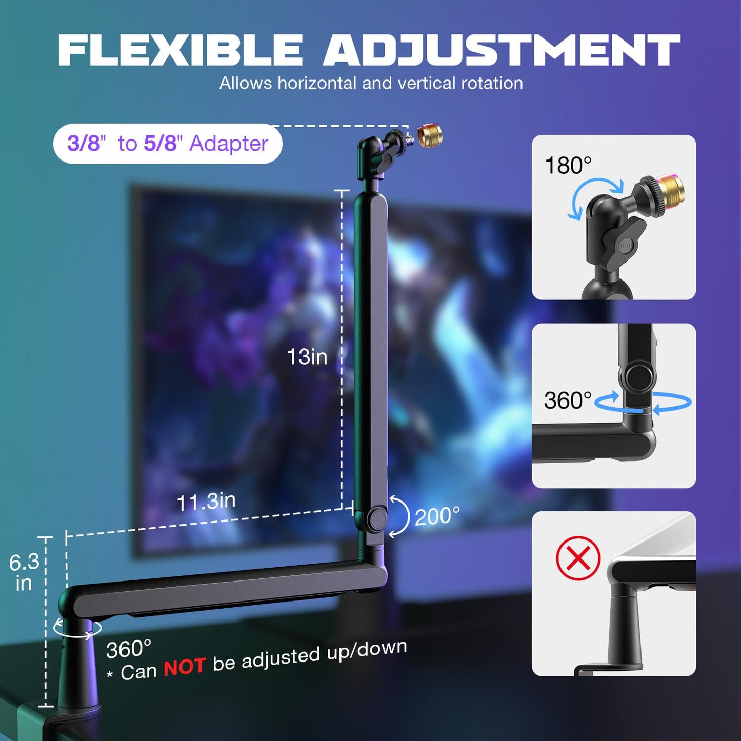 FIFINE Microphone Boom Arm, Low Profile Adjustable Stick Microphone Arm Stand with Desk Mount Clamp, Screw Adapter, Cable Management, for Podcast