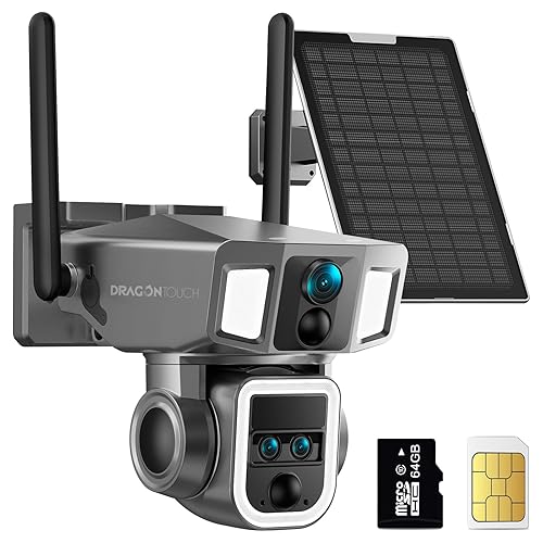 Dragon Touch 4G LTE Cellular Security Camera Outdoor, 4K Wireless Solar Bullet-PTZ Cam, 3 Lens, 10x Optical Zoom, 4G or WiFi 2 Mode, 360° PTZ AI
