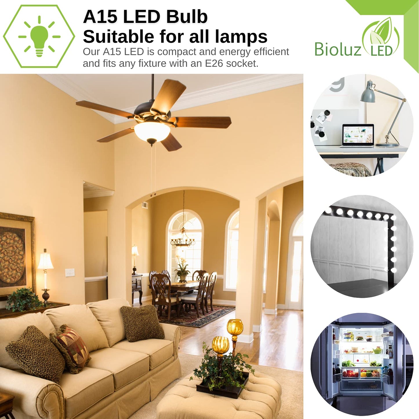 Bioluz LED 60W Equivalent A15 LED Light Bulbs, Daylight White, 8W, 4 Pack, Dimmable, E26 Base, 800 Lumens, 15000 Hours Life