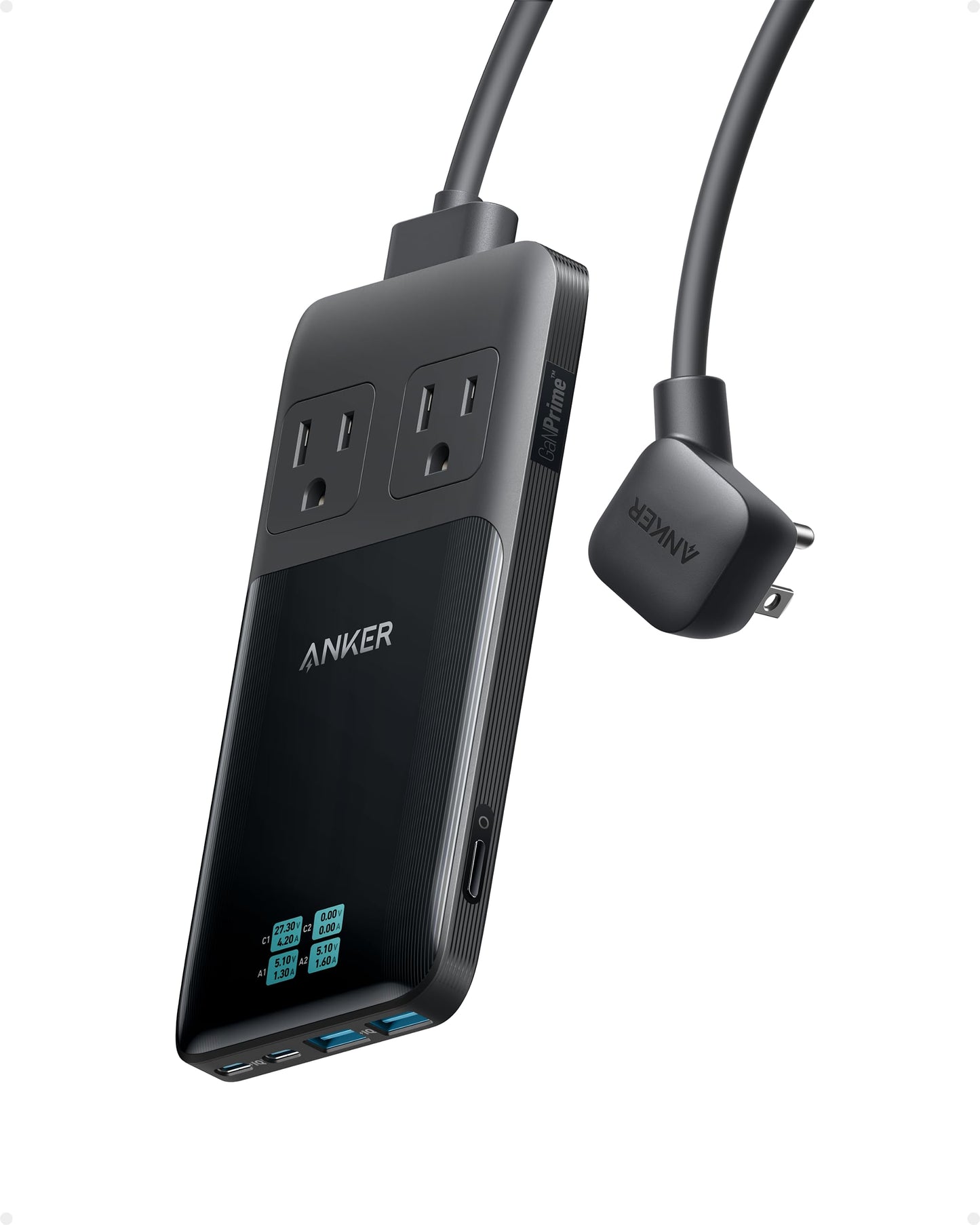 Anker Prime Charging Station, 140W 6-in-1 Travel Power Strip, 5ft Detachable Extension Cord with Multiple Outlets, 2 AC, 2 USB C, 2 USB A, Desk