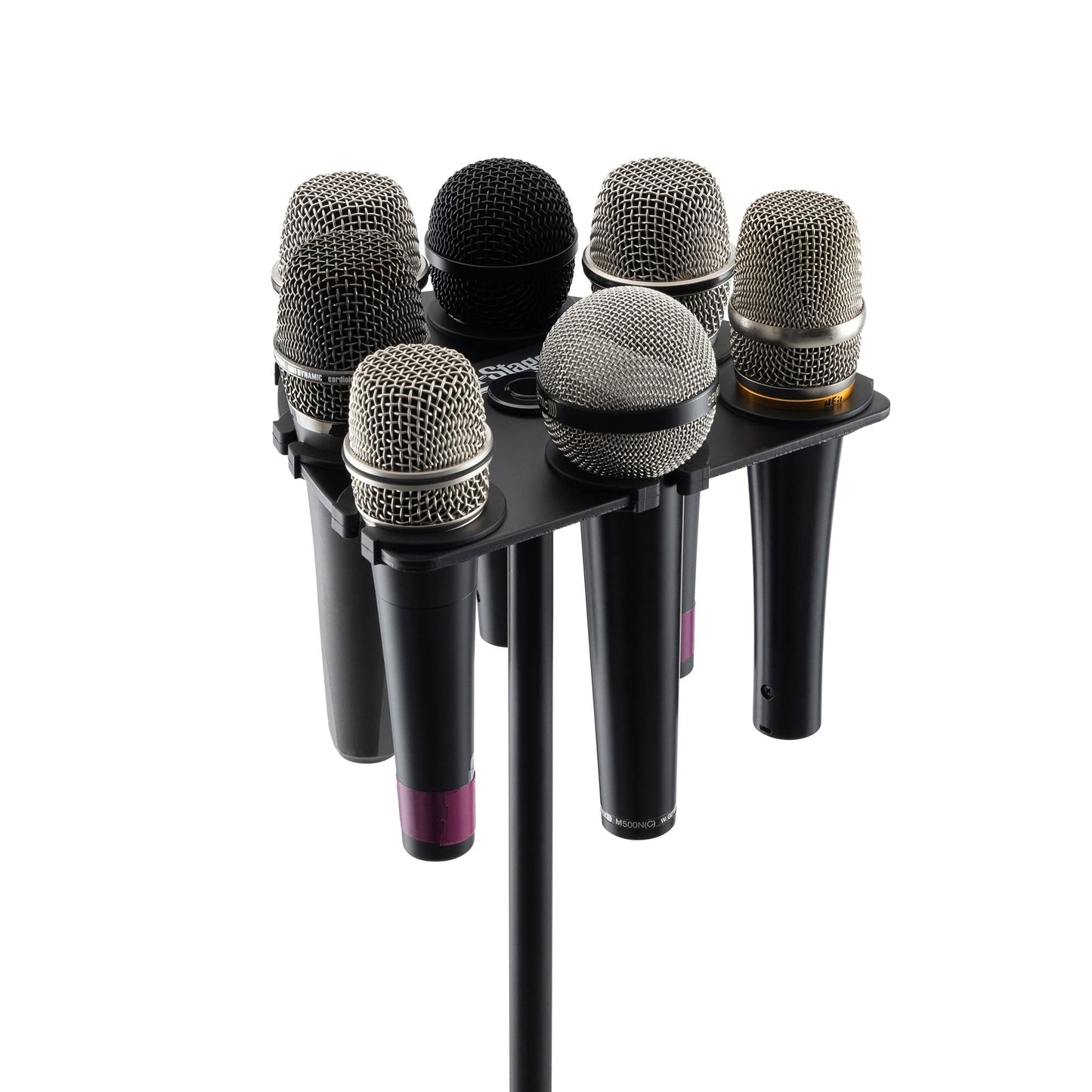 On-Stage MSA2700 Multi-Mic Holder (Microphone Organizer, Display, Caddy, Supports Handheld, Dynamic, Wired, and Wireless Mics, Aluminum, Silicone