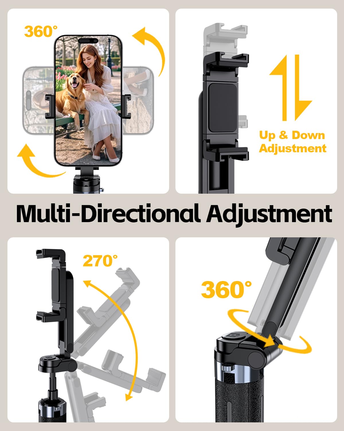 UBeesize Mini Selfie Stick Tripod with Rechargeable Remote - Pocket-Size Travel Phone Stand w/Hook, 360° Rotating Holder, Lightweight Tripod