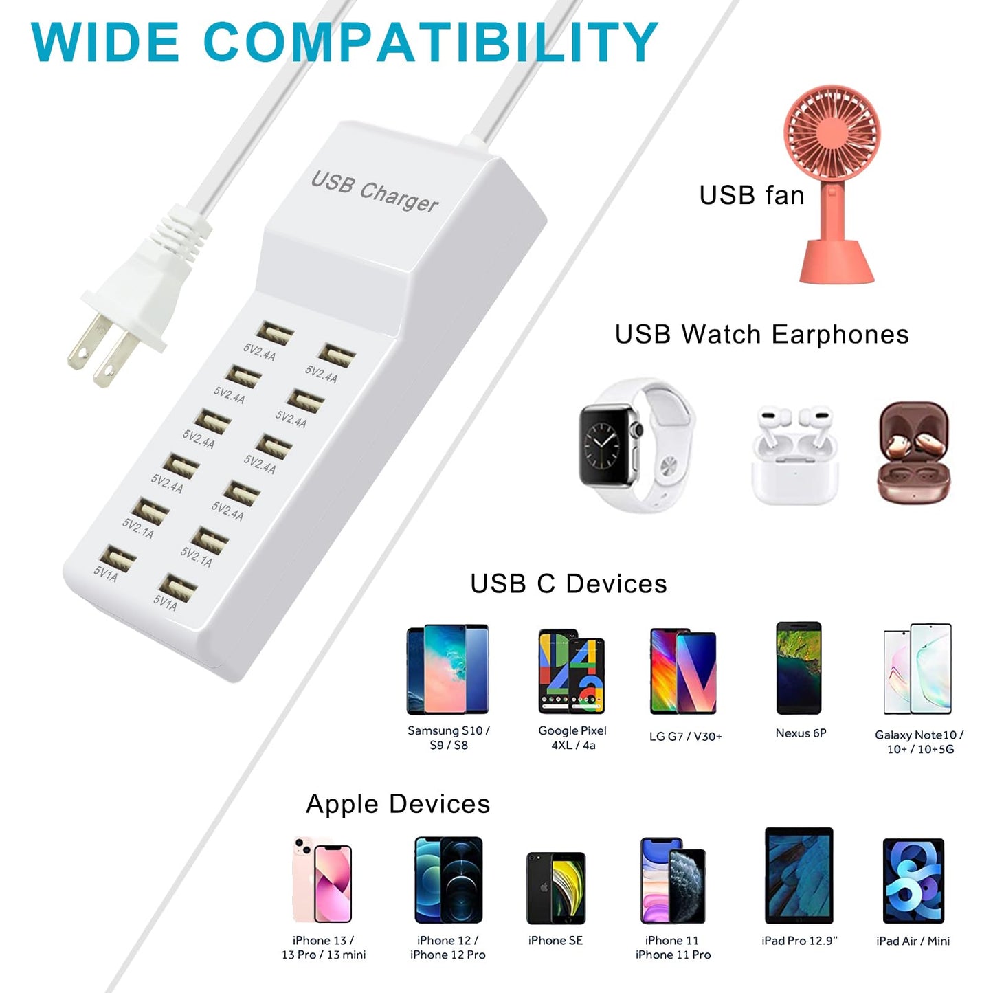 USB Charging Station with 12 Port Power Strip Fast Charging hub for Multiple Devices Compatible with Cell Phones Tablets Laptops (12 USB Ports)