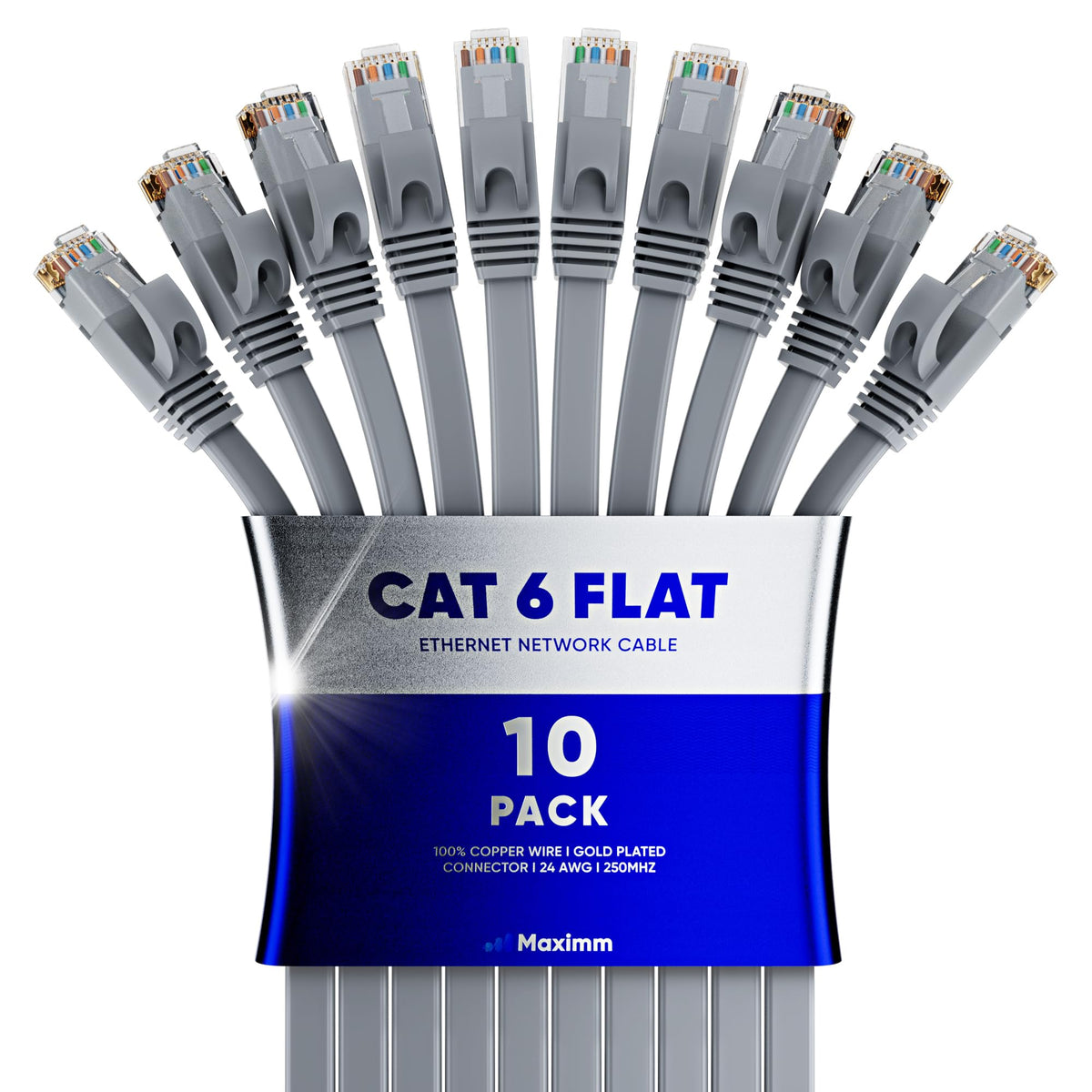 Maximm Cat 6 Ethernet Cable, 15 Ft, Gray, 10 Pack, Flat Patch Cord RJ45
