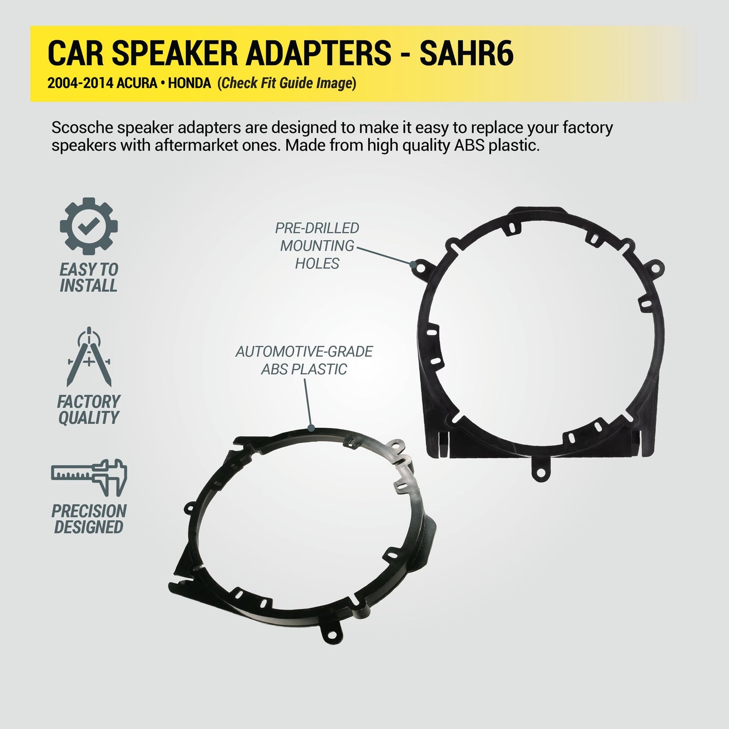 Scosche SAHR6 6.5-6.75” Speaker Adapters Compatible with Select 2004-14 Acura and Honda Vehicles - 6 1/2" to 6 3/4" Adapter Spacer for Car Door