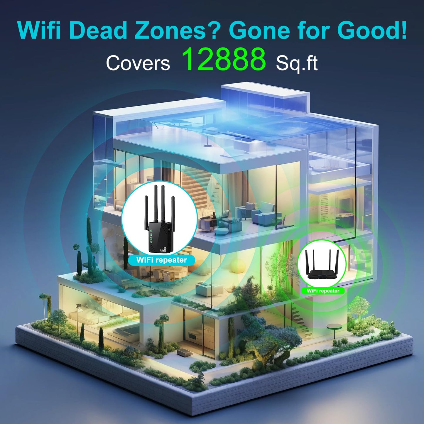 WiFi Extender Signal Booster for Home, Dual Band 1200Mbps Internet Extender WiFi Booster Up to 12888 Sq.ft Coverage and 105 Devices, WiFi Repeater