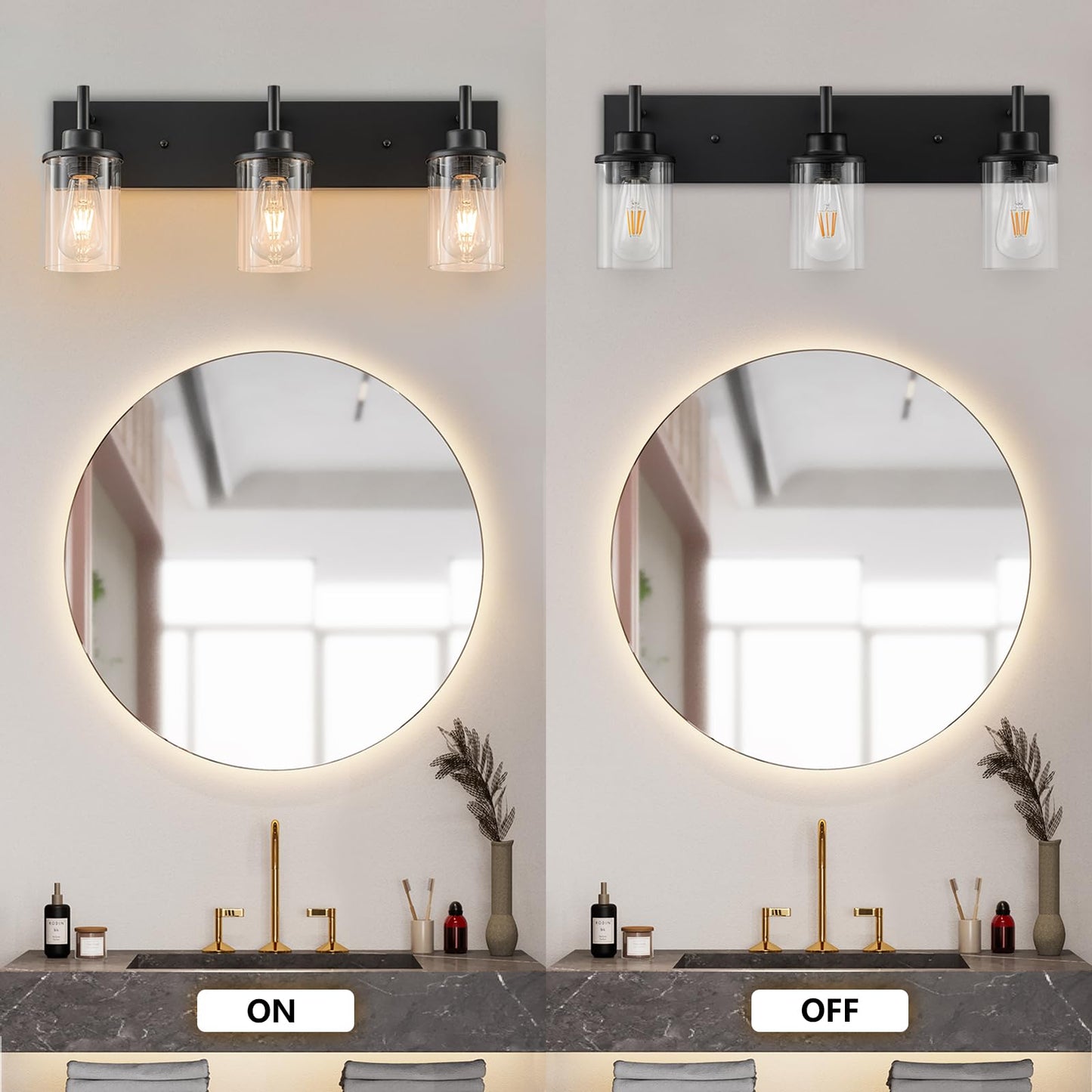 GoYeel Vanity Lighting Fixtures, Matte Black Bathroom Light Fixtures 3-Light Black Wall Sconce with Clear Glass Lampshade for Bedroom Hallway Living