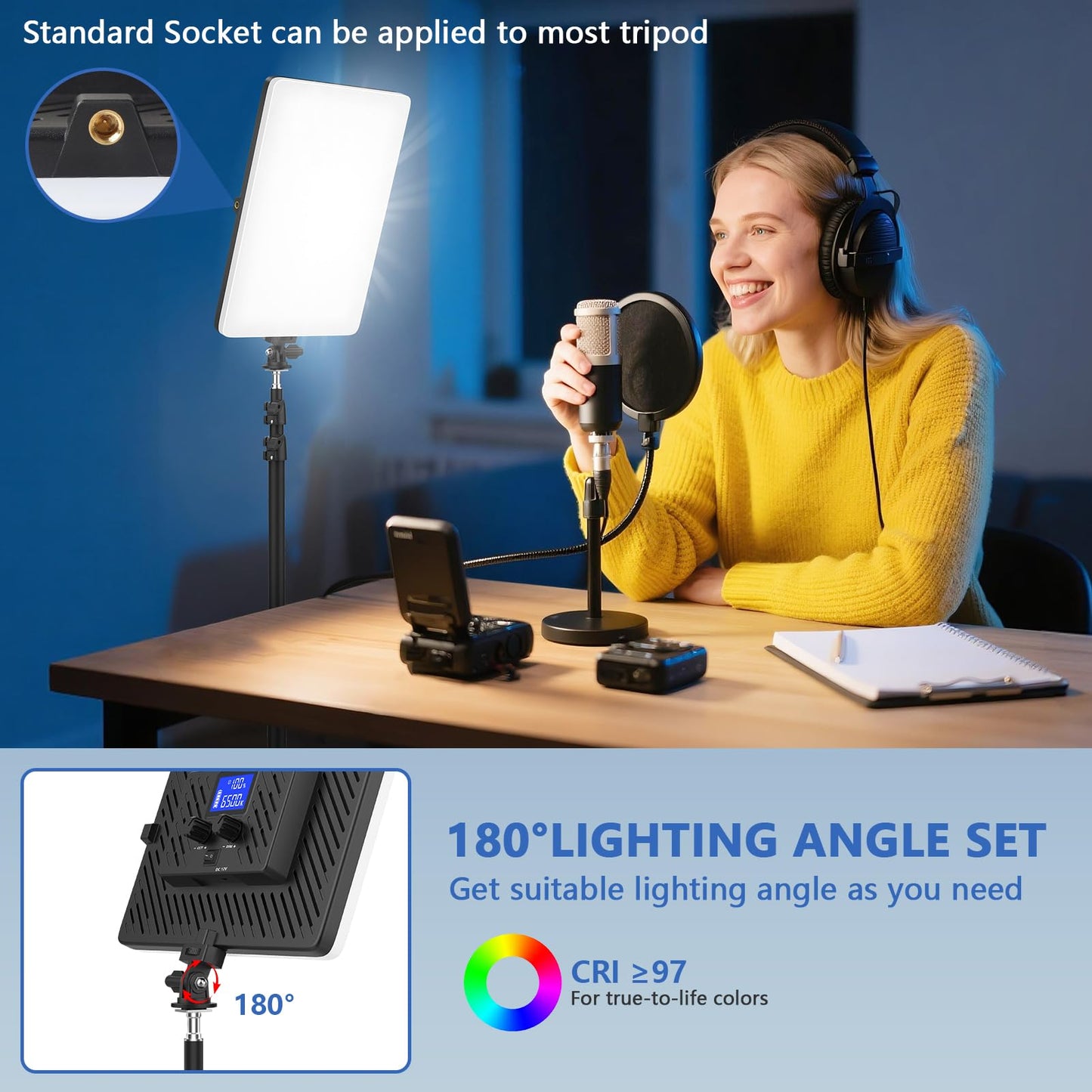 QEUOOIY Led Video Light Panel, 20W Bi-Color Photography Lighting Kit with 4000mAh Battery, Dimmable 2500-8500K Conference Studio Light