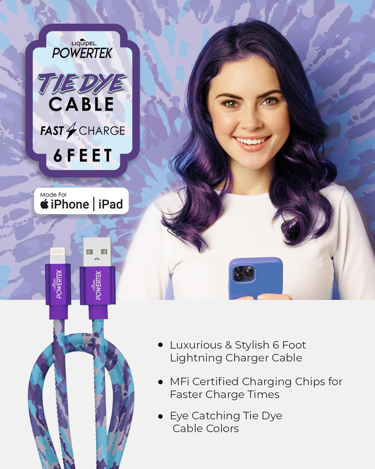 LIQUIPEL Powertek iPad & iPhone Lightning Charger Cable, Fast Charging 6ft MFI, Tie Dye Black (Purple)