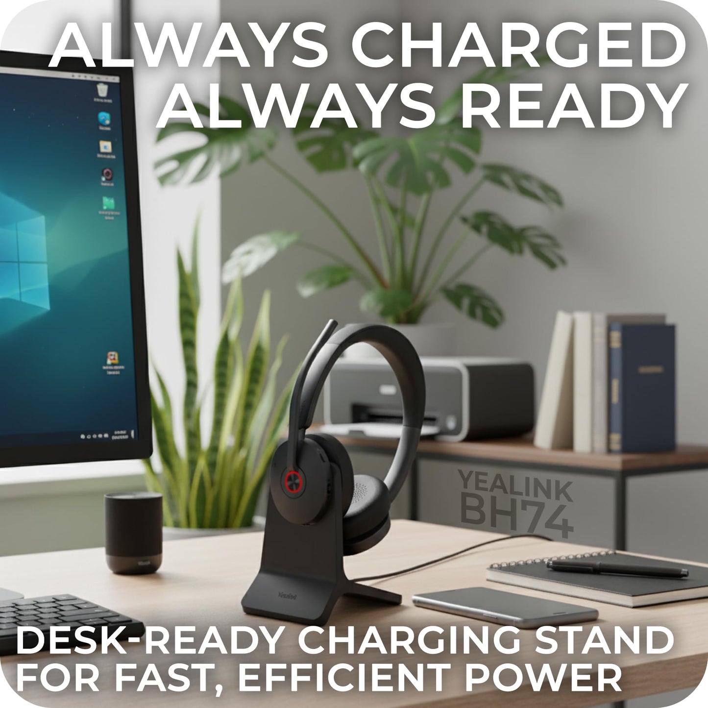 Yealink BH74 Charging Stand for BH74 & WH68 Hybrid Bluetooth Wireless Headsets - Fast Charger Dock with 1.2m USB-A Cable, Compact Design for Desk