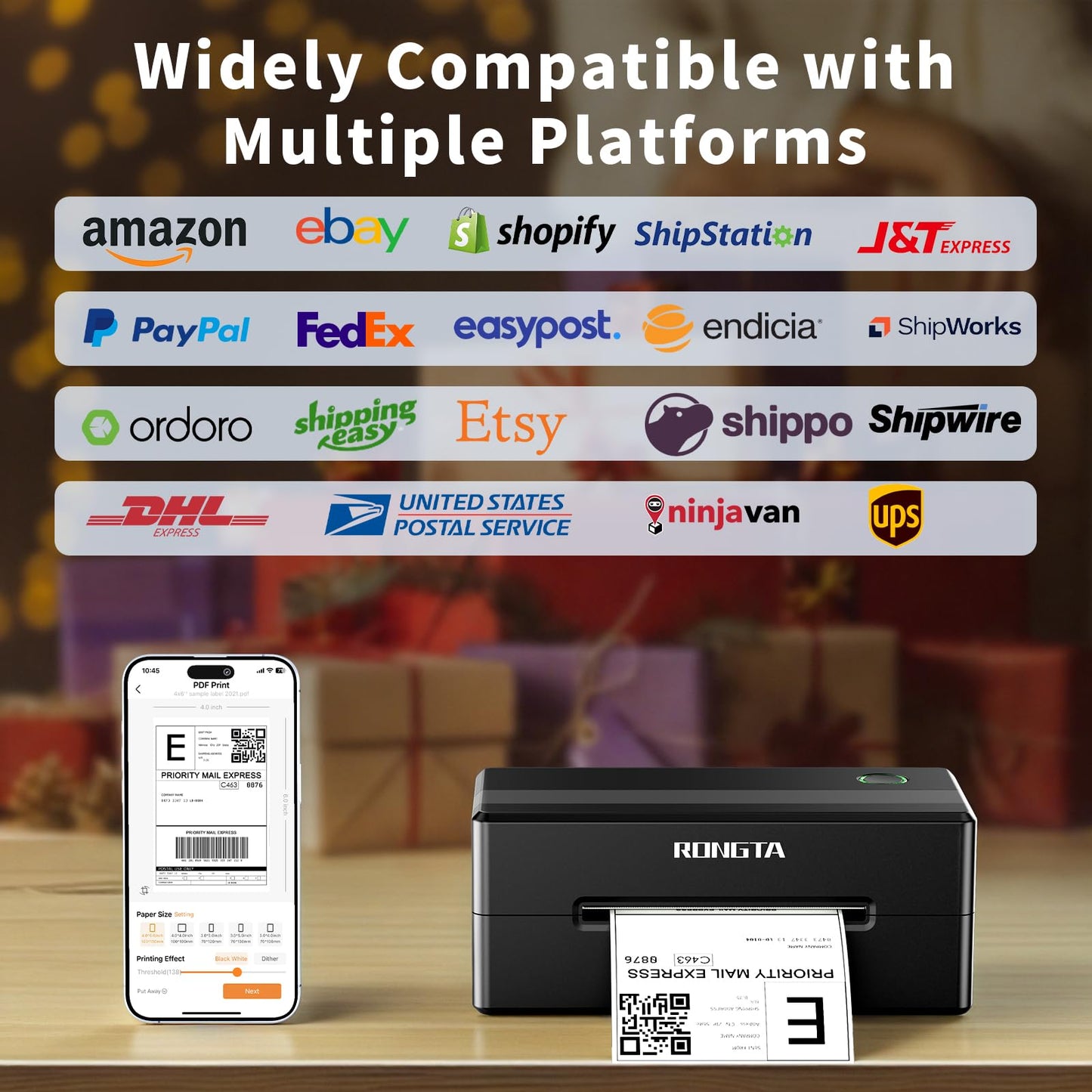 Rongta 4x6 Bluetooth Thermal Shipping Label Printer, Wireless Shipping Label Maker for Amazon FBA, Ebay, Shopify, FedEx | Compatible