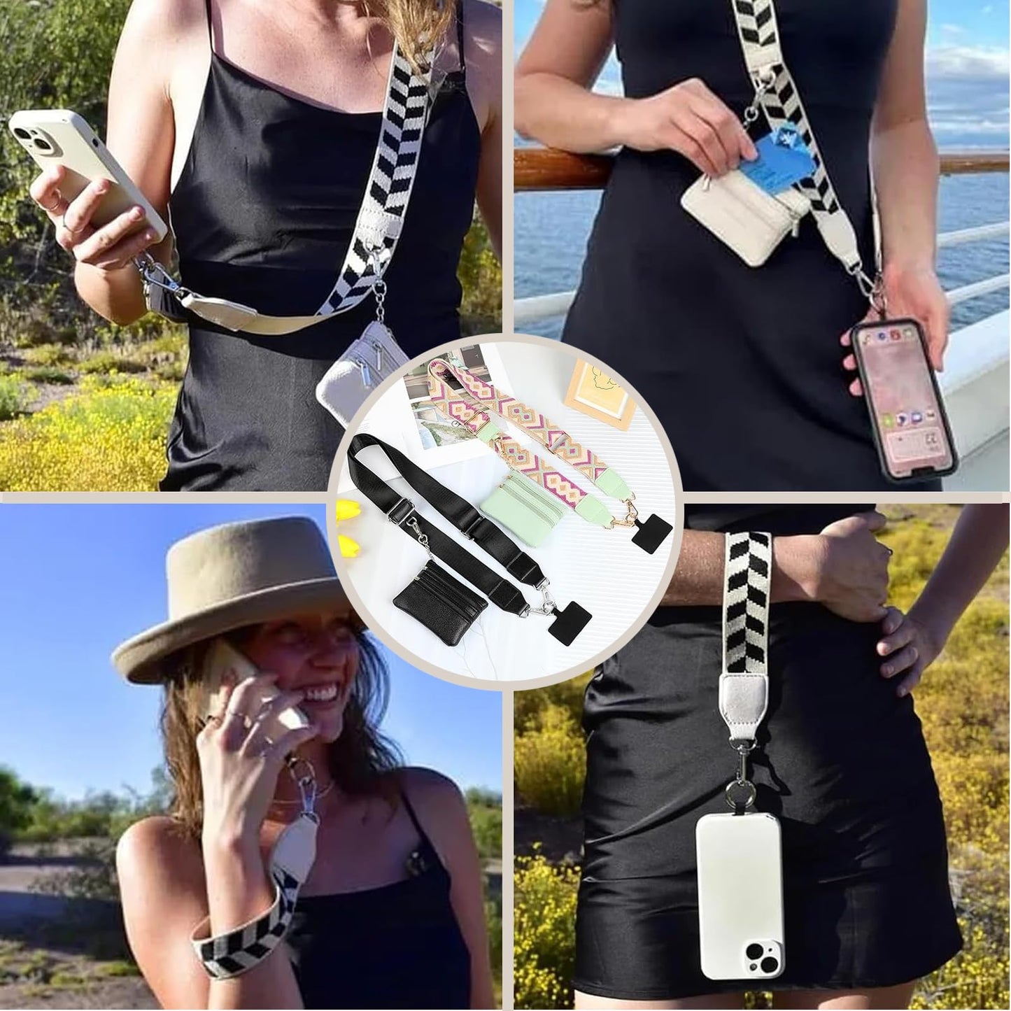 Dumwick Clip and Go Strap for Phone with Wallet Crossbody,Phone Strap with Zippered Pouch,Adjustable Phone Lanyard Crossbody (White)