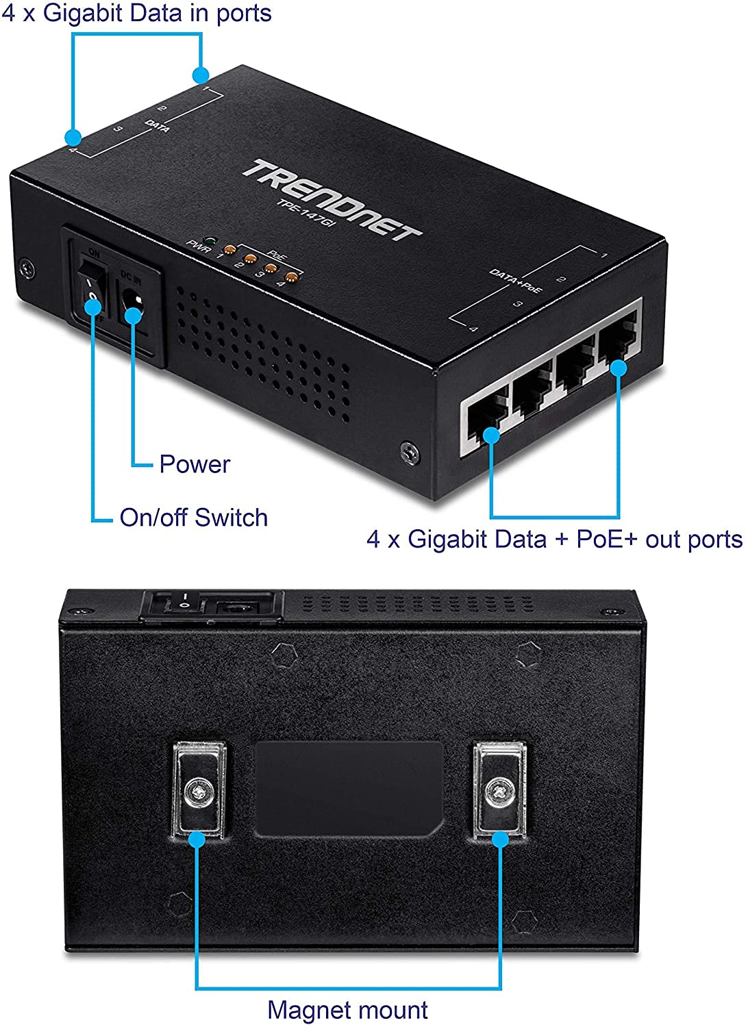 TRENDnet 65W 4-Port Gigabit PoE+ Injector, TPE-147GI, 4 x Gigabit Ports(Data in), 4 x gigabit PoE Ports(Data + PoE Out), Multi-Port PoE+ Injector up