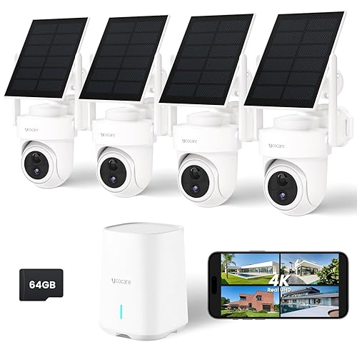 UCOCARE Solar Camera Kit, 4K/8MP Security Cameras Wireless Outdoor with Base Station Enhanced WiFi 300m Coverage, 64GB TF Card, No Subscription, 360°