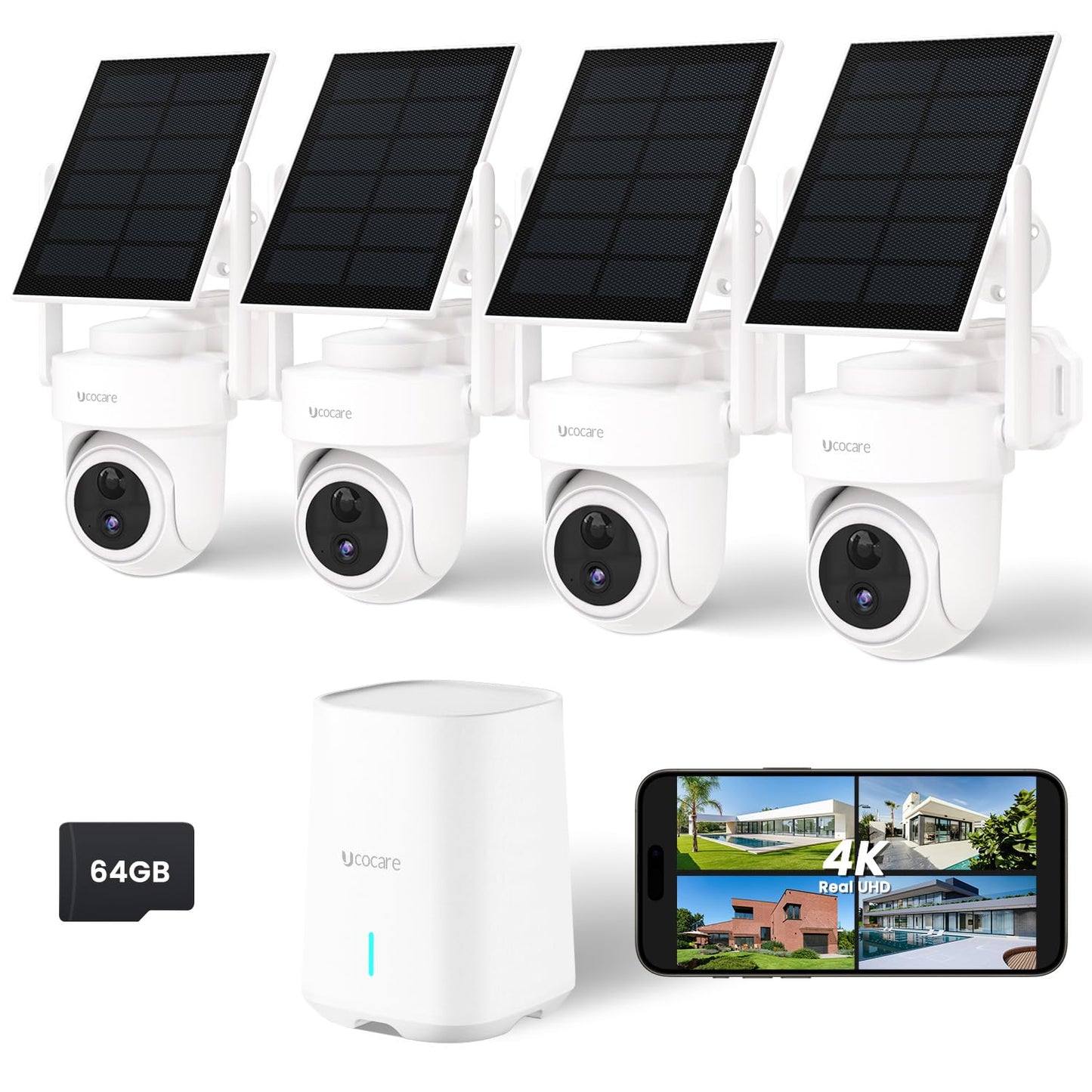 UCOCARE Solar Camera Kit, 4K/8MP Security Cameras Wireless Outdoor with Base Station Enhanced WiFi 300m Coverage, 64GB TF Card, No Subscription, 360°