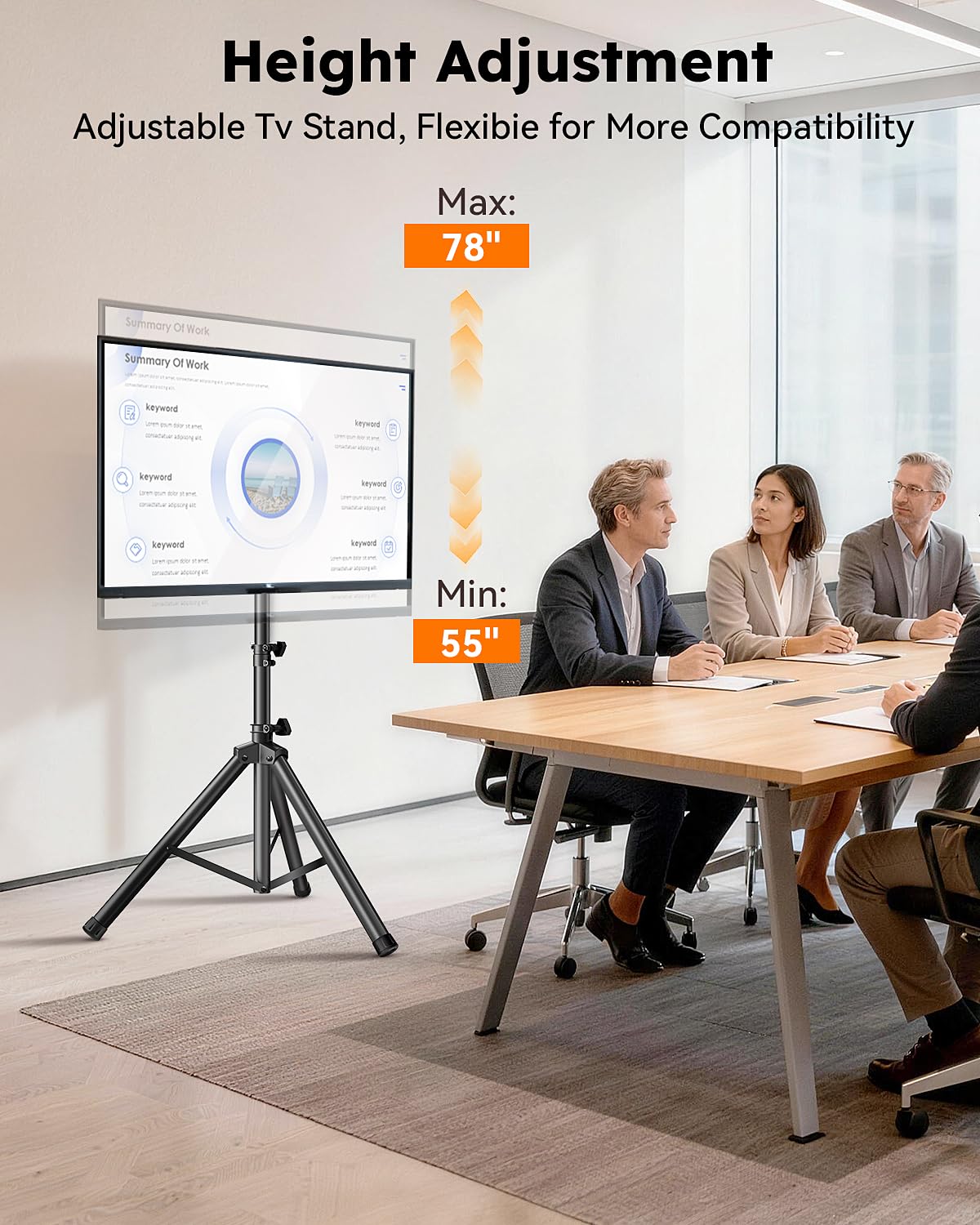 Vanteek Portable Tripod TV Stand for 32-75 inch TVs, Heavy Duty Outdoor Height Adjustable Floor TV Stand with 15° Tilt for Flat/Curved Screens, Holds