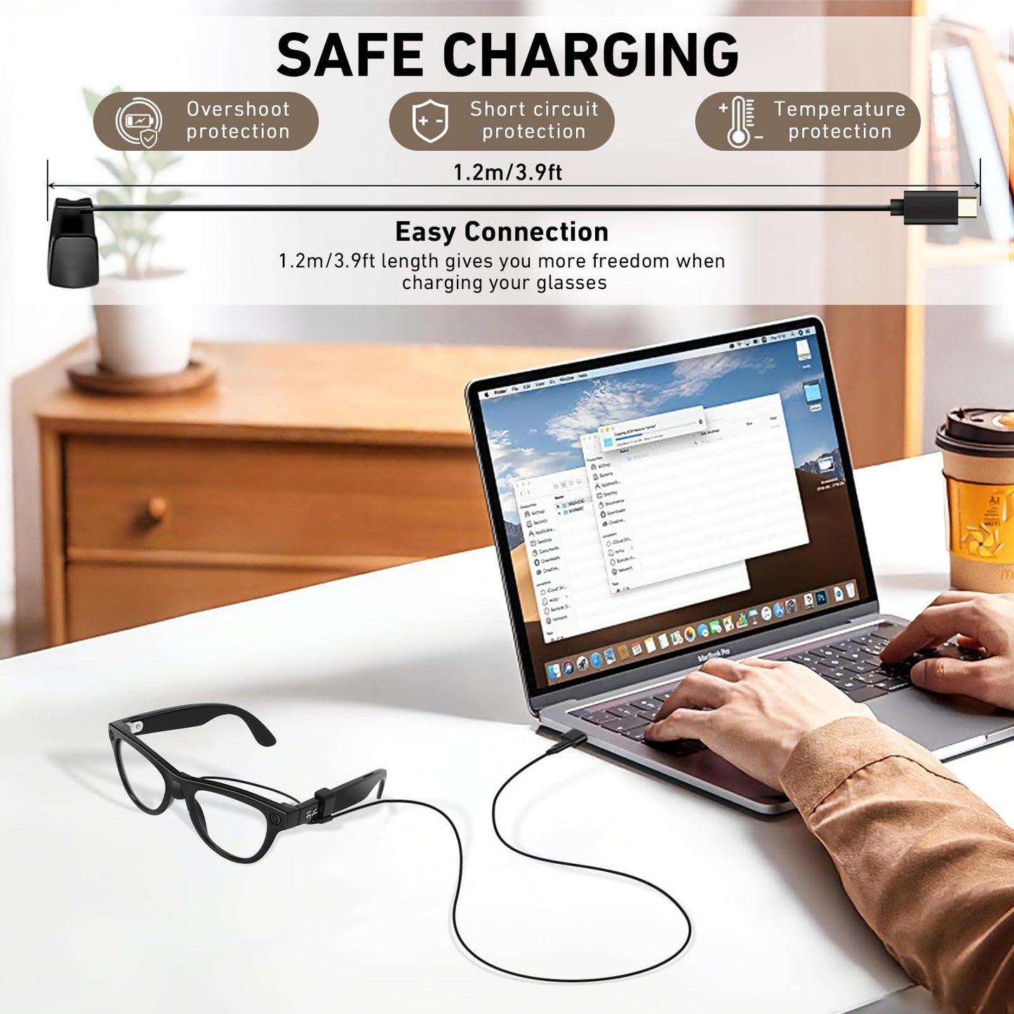 Amanely Charging Adapter Cable for Ray-Ban Meta 2 & Oakley AI Glasses, 3.9ft Temple-Inserted Fast Charging for Wayfarer/Headliner/Skyler/HSTN