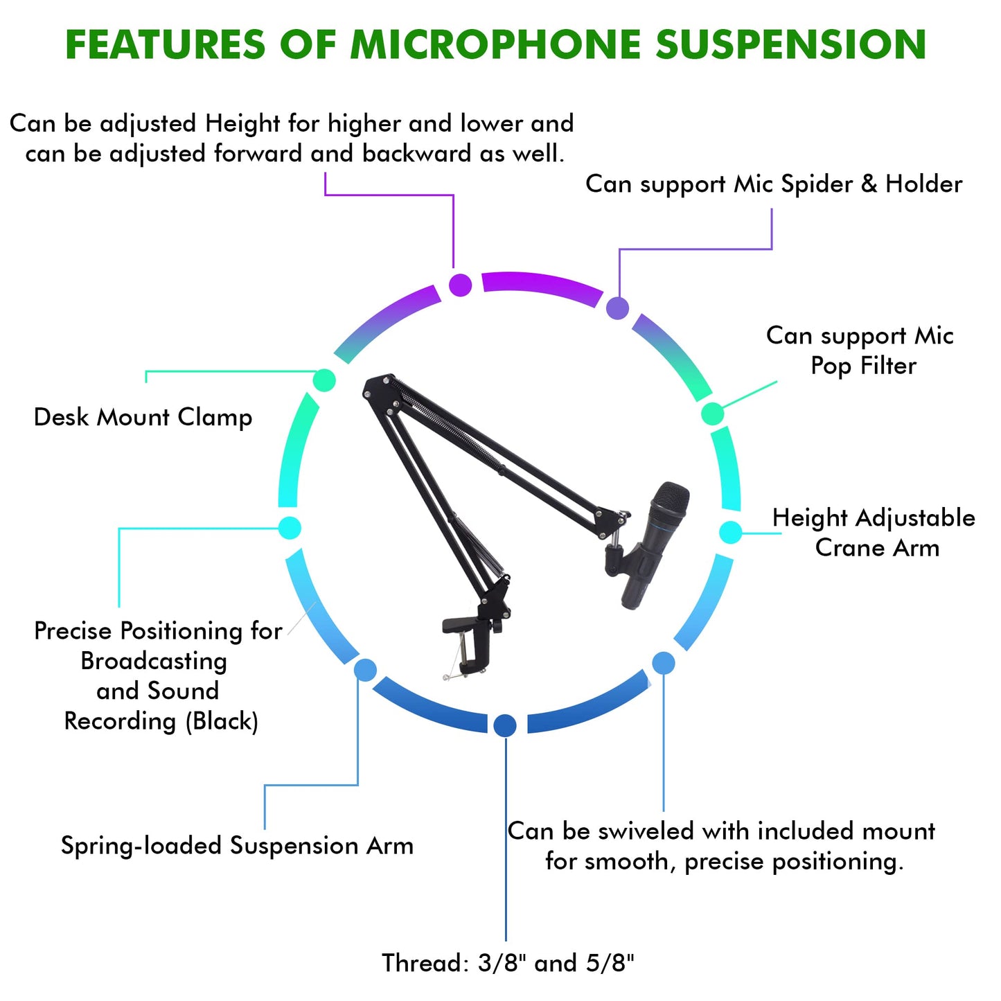 Technical Pro Premium Microphone Arm with Desk Mount, Mic Holder, Fully Height Adjustable Crane Arm for Podcast, Video, Gaming, Radio, Studio Sound