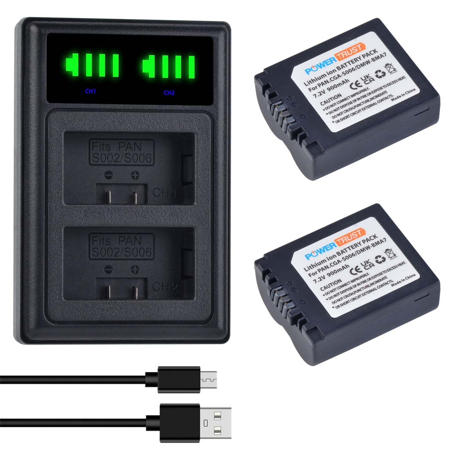 PowerTrust 2X CGA-S006 CGA-S006E Battery + Dual USB Charger for Panasonic Lumix DMC-FZ7, DMC-FZ8, DMC-FZ18, DMC-FZ28, DMC-FZ30, DMC-FZ35, DMC-FZ38