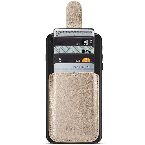 MUMUGUO Card Holder for Back of Phone,Pu Leather RFID Blocking 5 Pull Credit Card Cash Cell Phone Wallet Pocket Stick on Back iPhone(Gold)