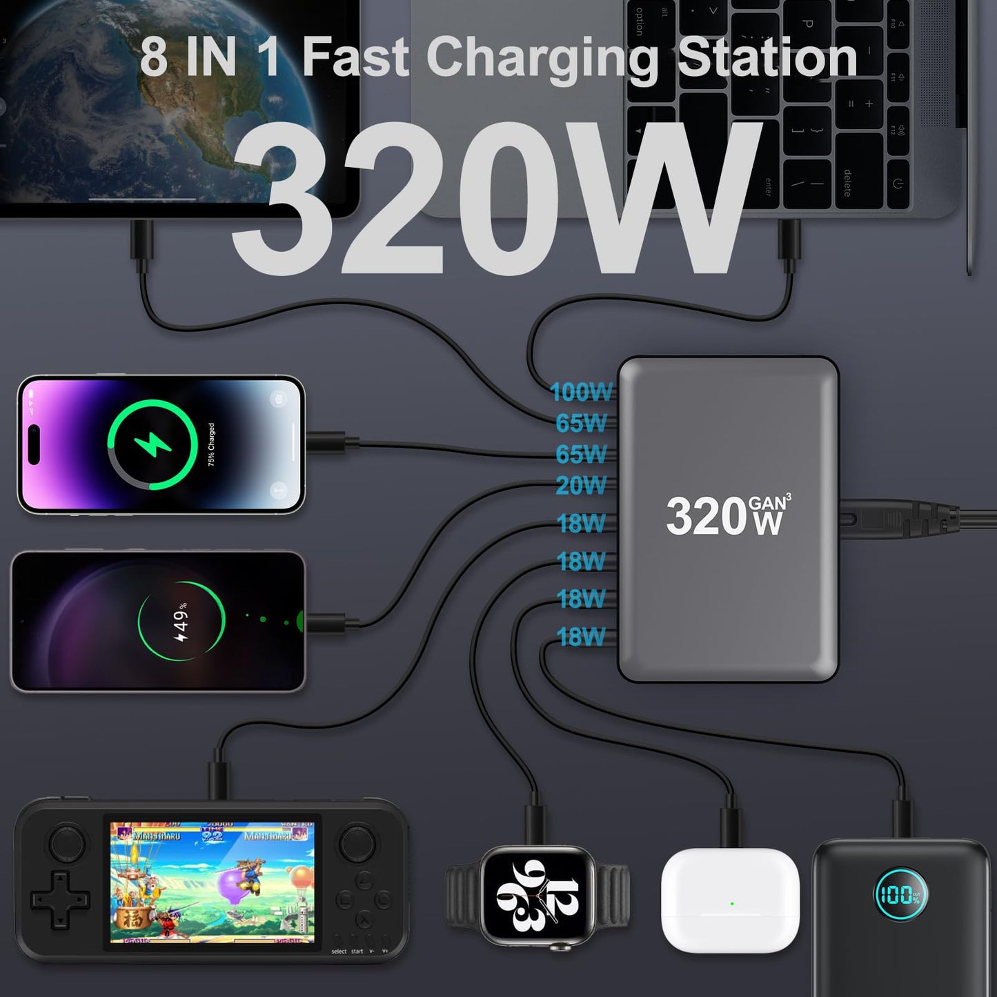 USB C Charger Block 320W 8 Port GaN3 Fast Charging Station Compatible with Laptop,ipad, iPhone 16/15/14/13 /12 Pro Max Fast Charger Pixel Note MacBook