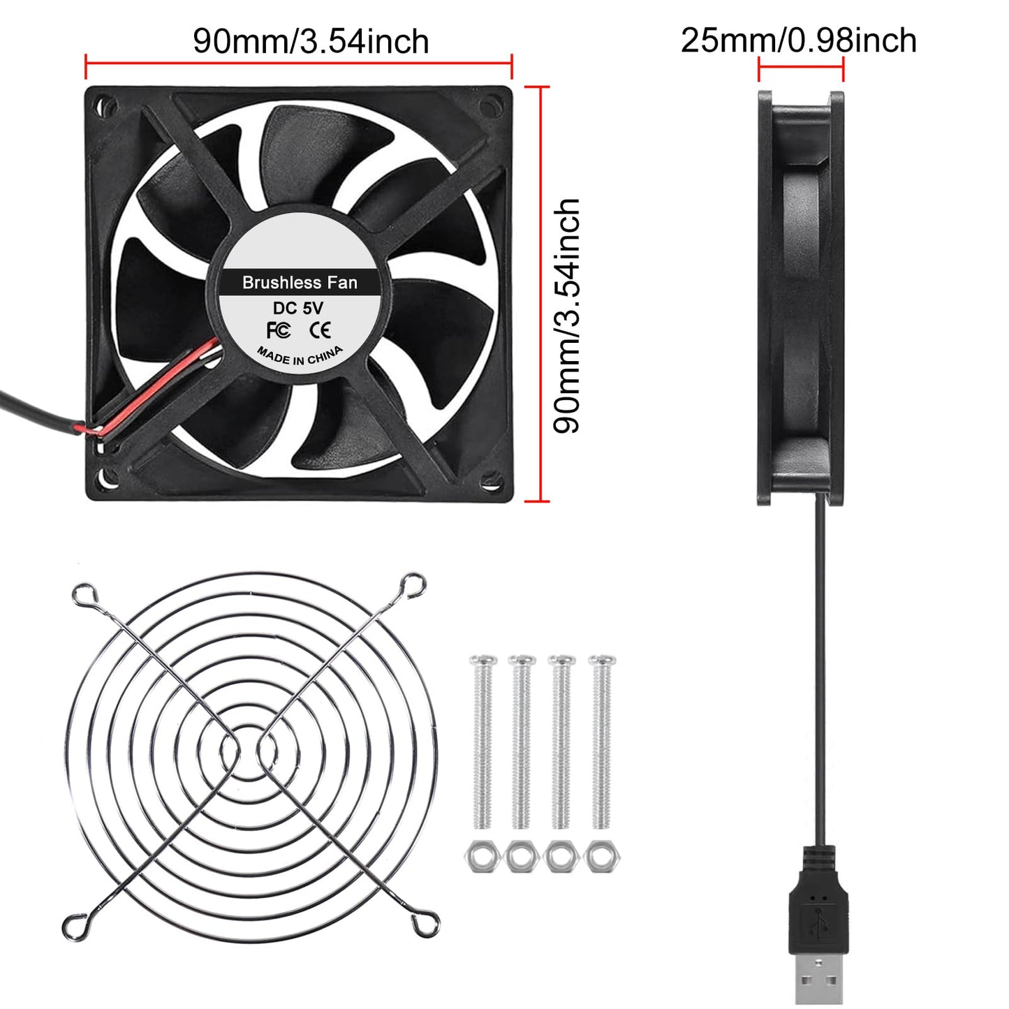 DORHEA 2Pcs USB Fan 5V 9225 Cooling Fan Dual Ball Ball Bearings Brushless Axial Fan 90x90x25mm USB Computer PC Fan with Srews Metal Grill Cover