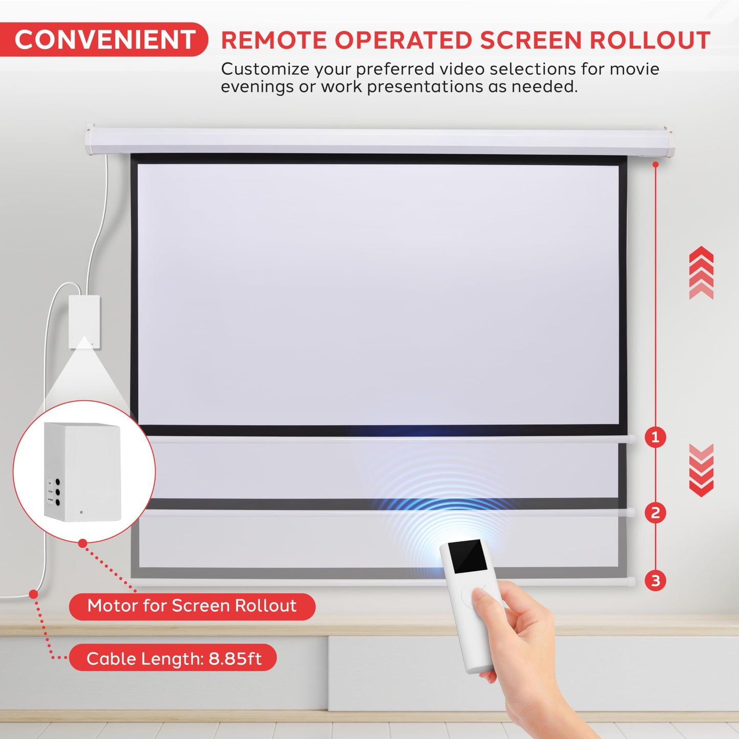 Pyle 72" Portable Motorized Matte White Projector Screen - Automatic Projection Display with Wall/Ceiling Mount, Remote and Case - for Home Movie