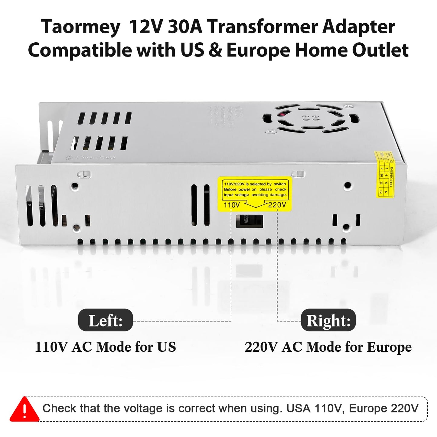 Taormey 12V 30A 360W Switching Power Supply, AC 110V/220V to DC 12V 30A Converter Universal Regulated Transformer Driver Adapter for LED Strips, CCTV…