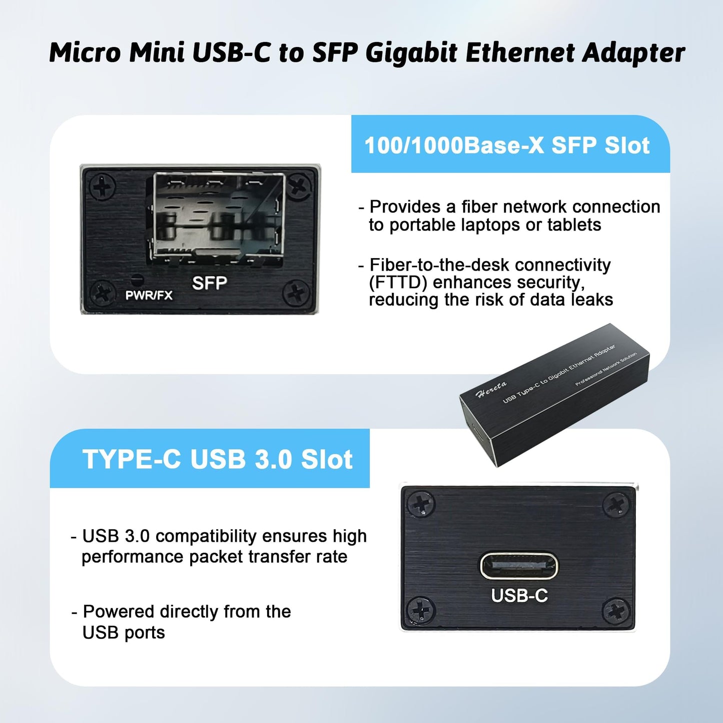 Hereta Mini USB 3.0 to SFP Gigabit Ethernet Adapter Fiber Optic Network Adapter Network Interface Card Compatible with Windows/macOS/Linux,High