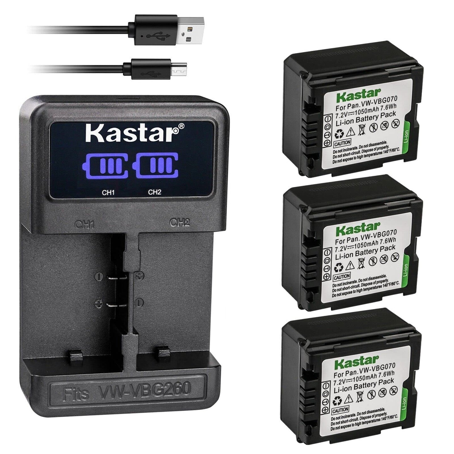 Kastar 3-Pack VW-VBG070 Battery and LED2 USB Charger Compatible with Panasonic AG-HMC45A AG-HMC70 AG-HMC70U AG-HMC73MC AG-HMC80 AG-HMC83MC AG-HMC150
