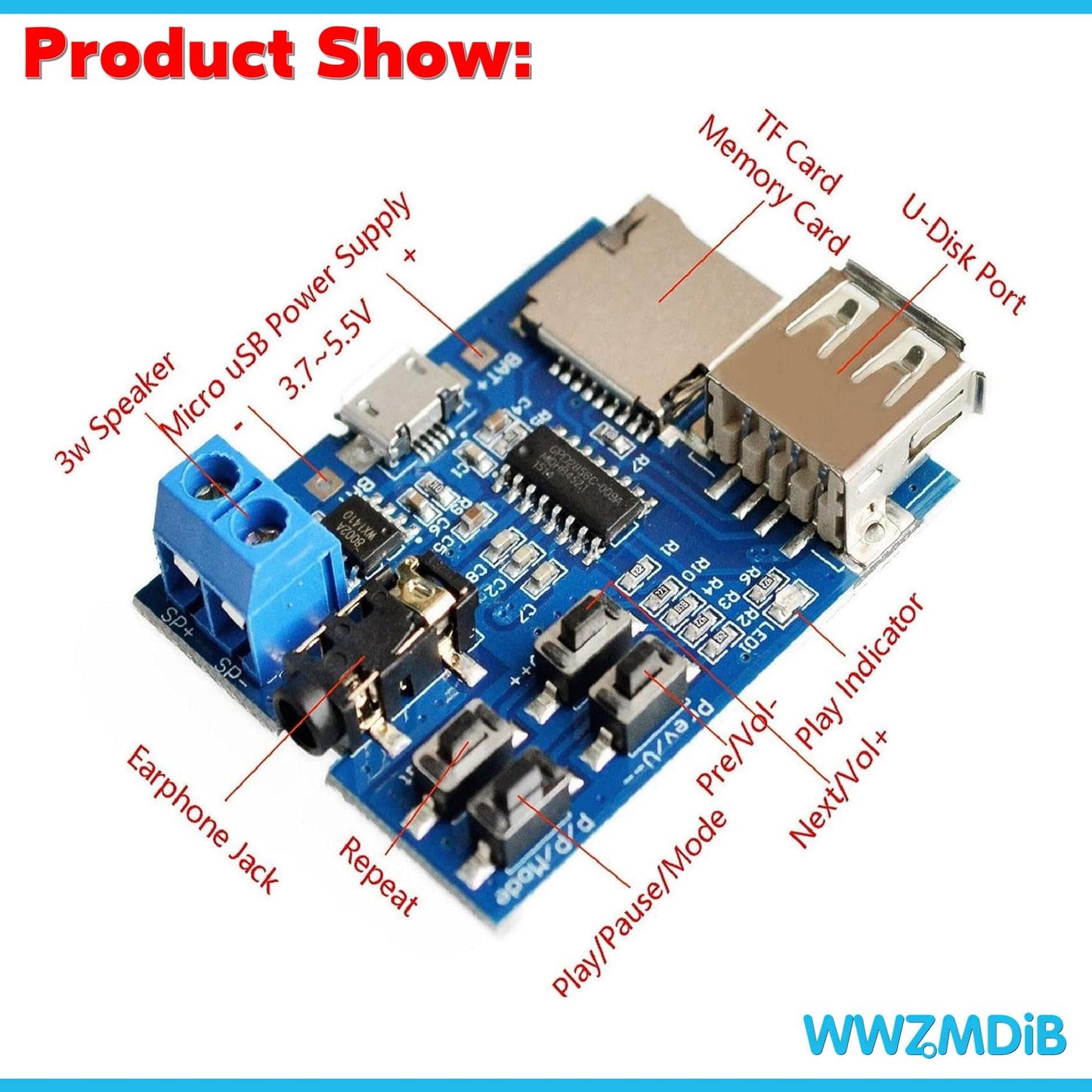 WWZMDiB 2Pcs MP3 Lossless Decoders Module with TF Card Micro USB 5V Power Supply Audio Amplifier