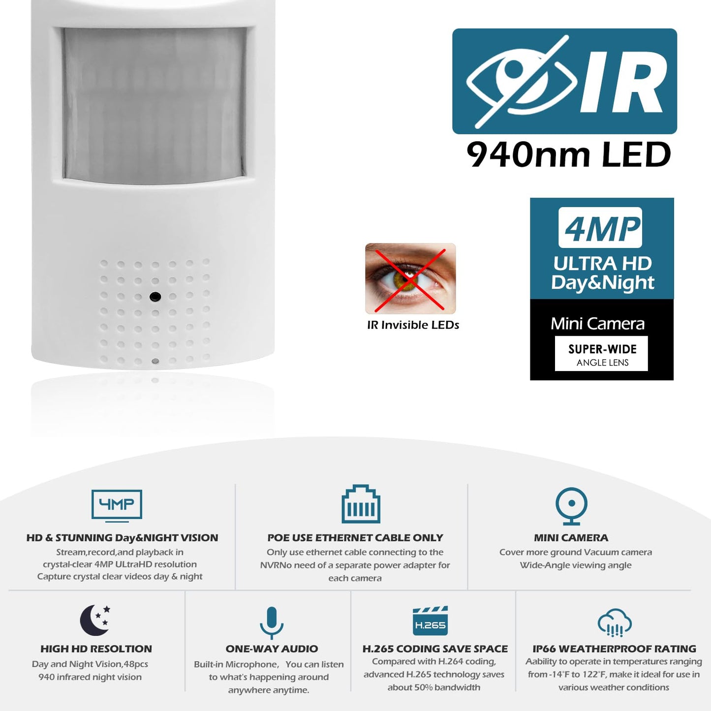 MWRCTV Audio 4MP(1440P) 3.7mm Lens Night Vision Mini IP 940nm Infrared IR led PIR Style P2P Indoor POE Motion Detector Security Camera
