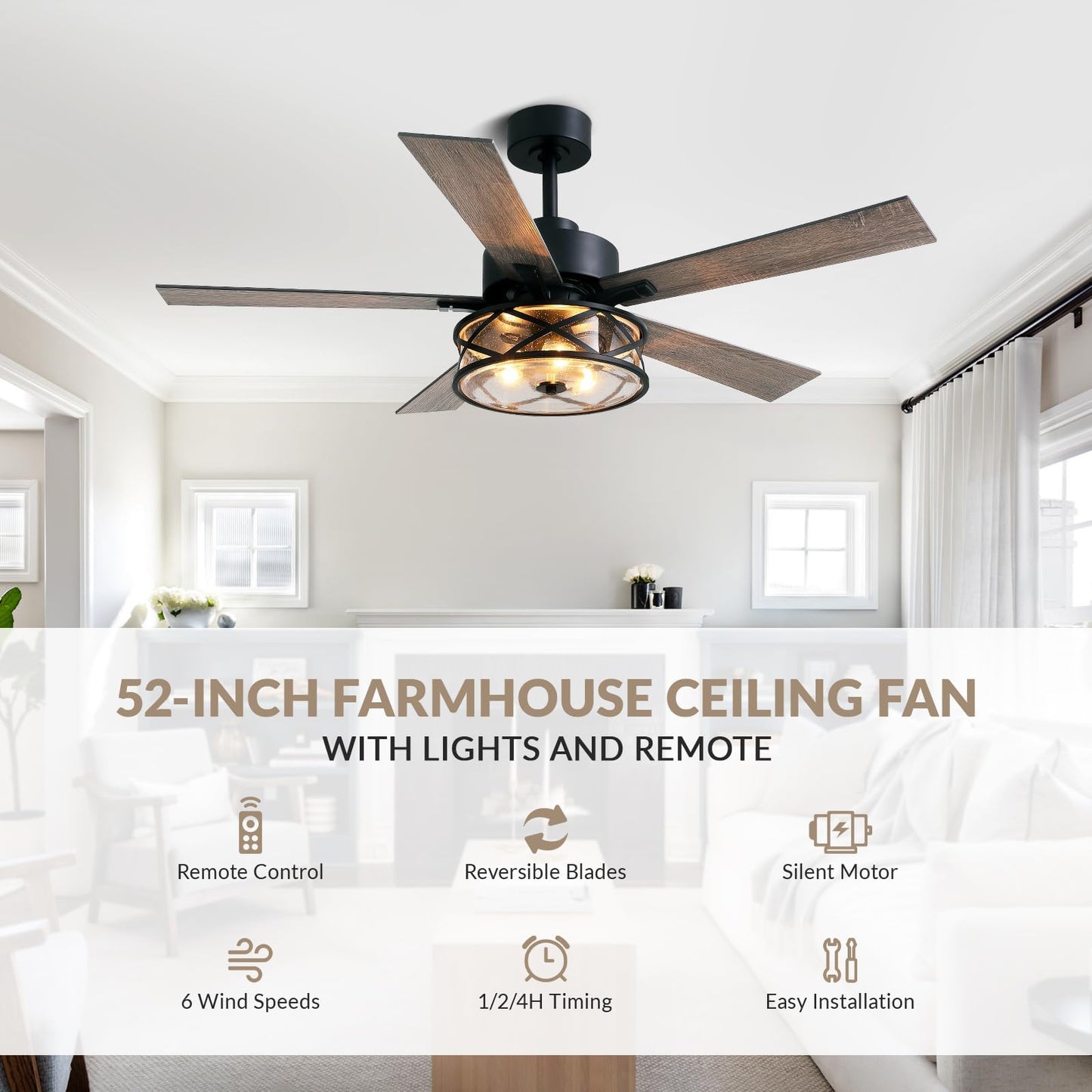APBEAMLighting Farmhouse Ceiling Fans with Lights and Remote Control, 52 Inch Rustic Fandelier Ceiling Fan with Bubble Glass Shade 6-Speed Caged