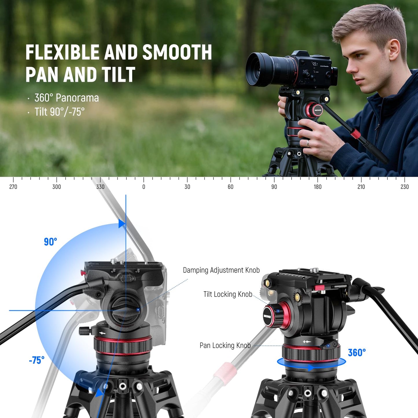 NEEWER 78" Video Camera Tripod Carbon Fiber with Damping Adjustable Fluid Head, One Step Quick Release with QR Plate & Handle, Heavy Duty Tripod Stand