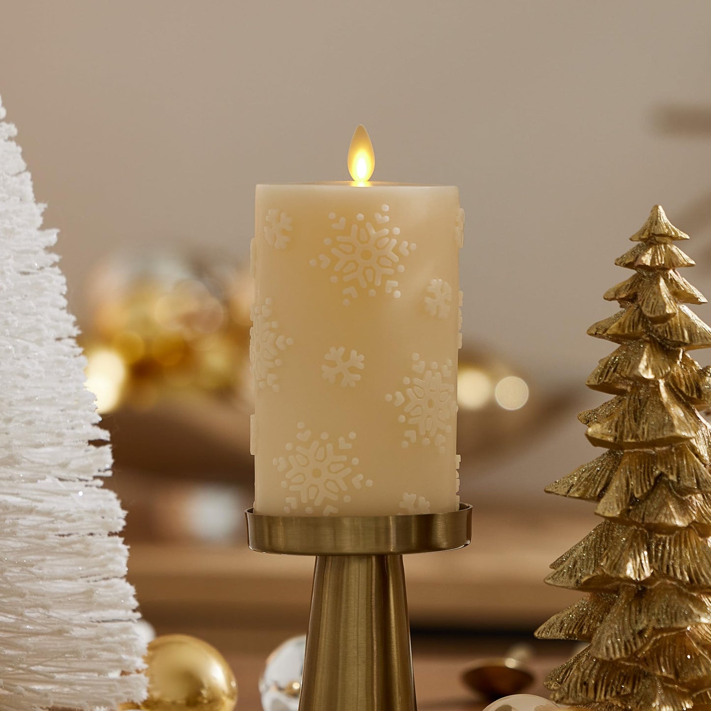 Luminara White Swan Snowflake Embossed Flameless LED Candle, 3.2" x 6.5", Moving Flame, Safe Timer Feature, Real Wax, Battery Operated Home Décor