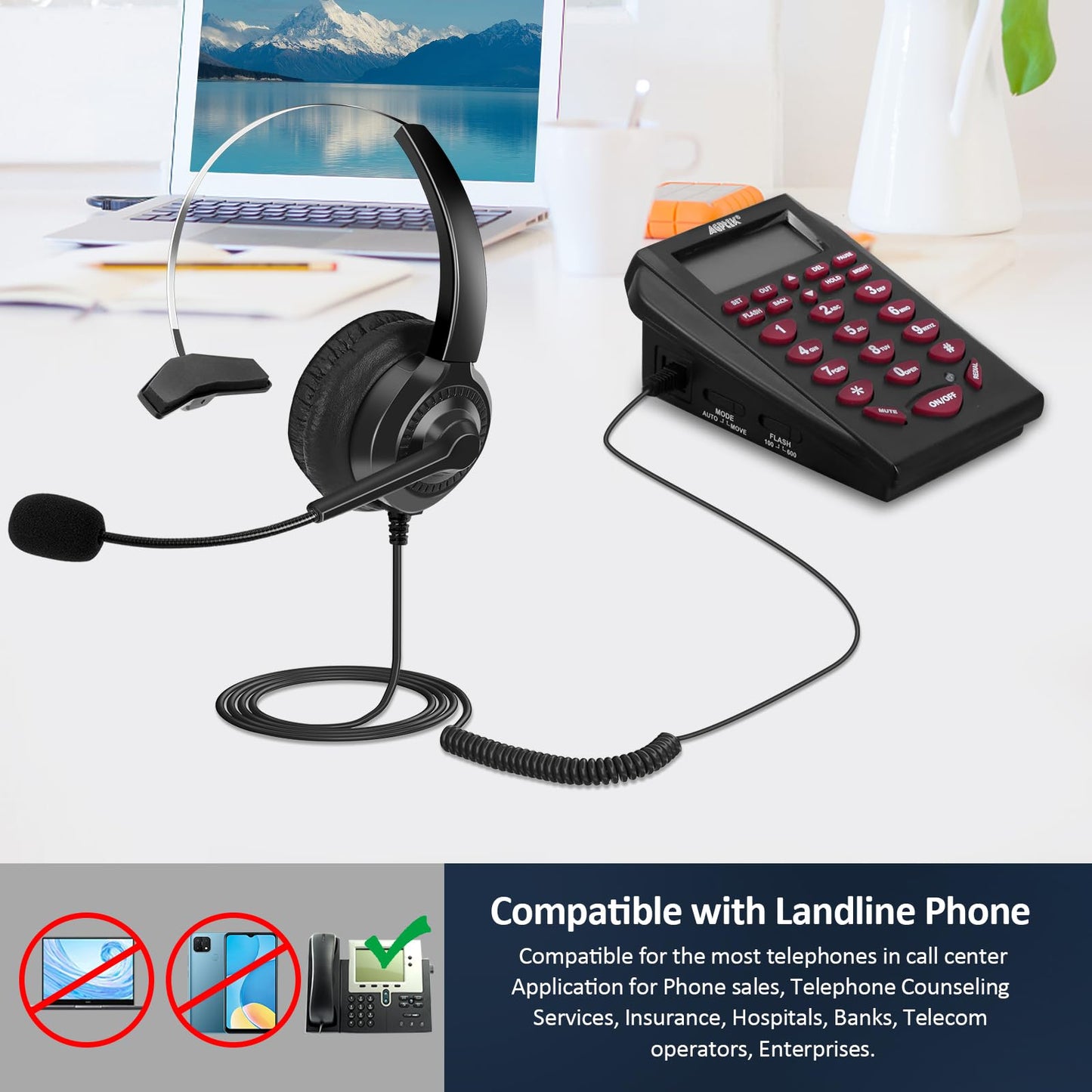 AGPtEK Corded Telephone with Headset & Dialpad for House Call Center Office - Noise Cancellation